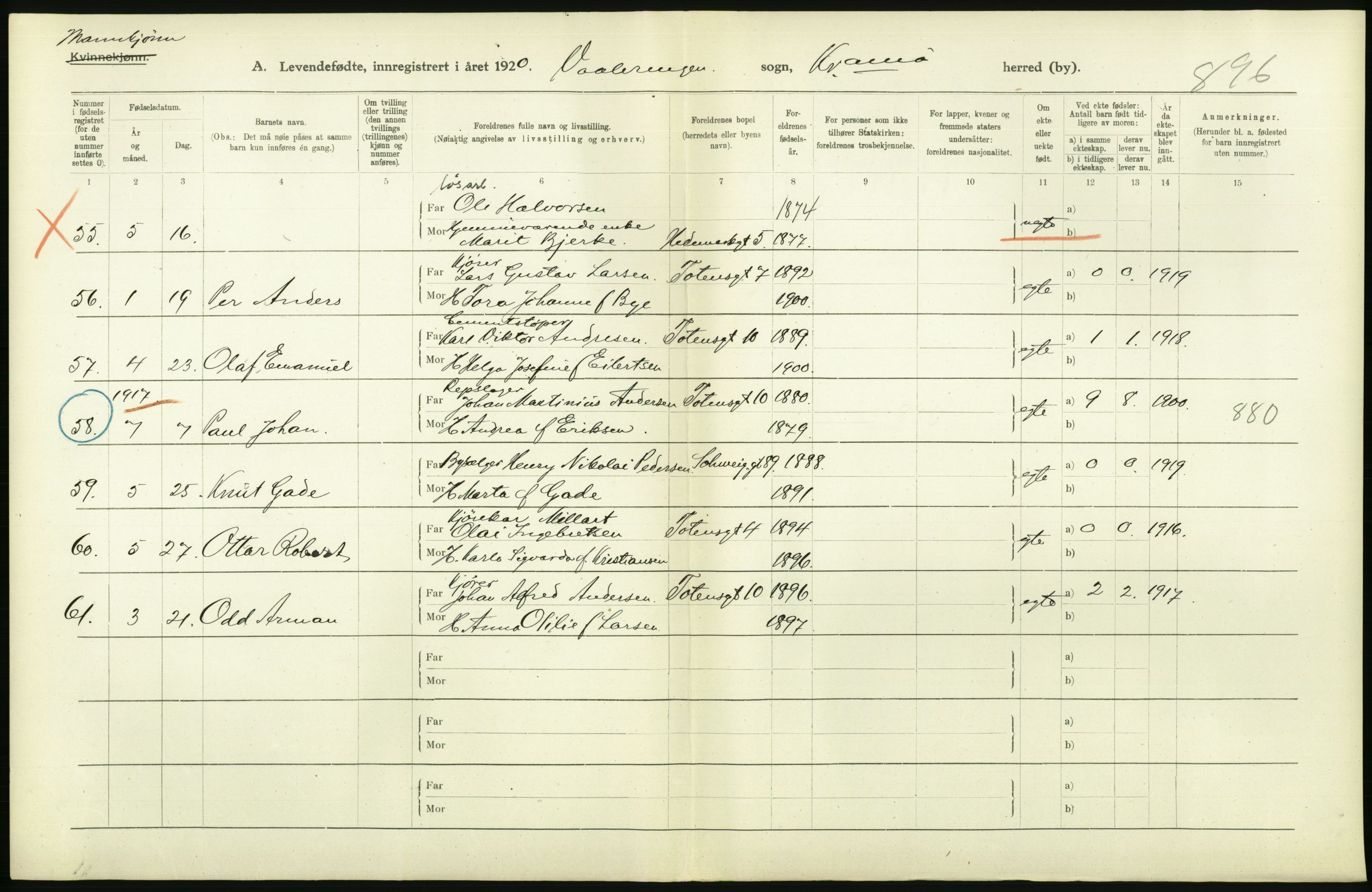 Statistisk sentralbyrå, Sosiodemografiske emner, Befolkning, AV/RA-S-2228/D/Df/Dfb/Dfbj/L0008: Kristiania: Levendefødte menn og kvinner., 1920, s. 94