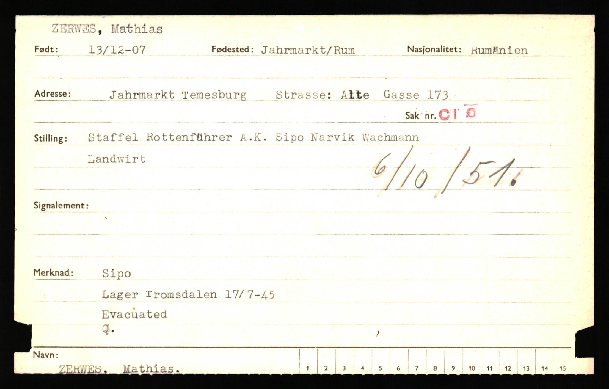 Forsvaret, Forsvarets overkommando II, AV/RA-RAFA-3915/D/Db/L0041: CI Questionaires.  Diverse nasjonaliteter., 1945-1946, s. 196