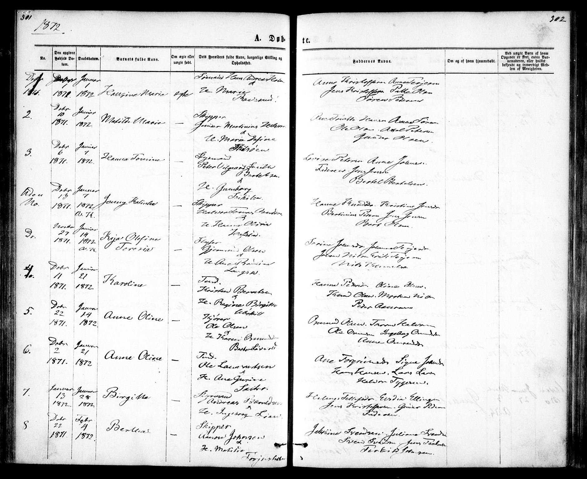 Tromøy sokneprestkontor, SAK/1111-0041/F/Fa/L0008: Ministerialbok nr. A 8, 1870-1877, s. 301-302