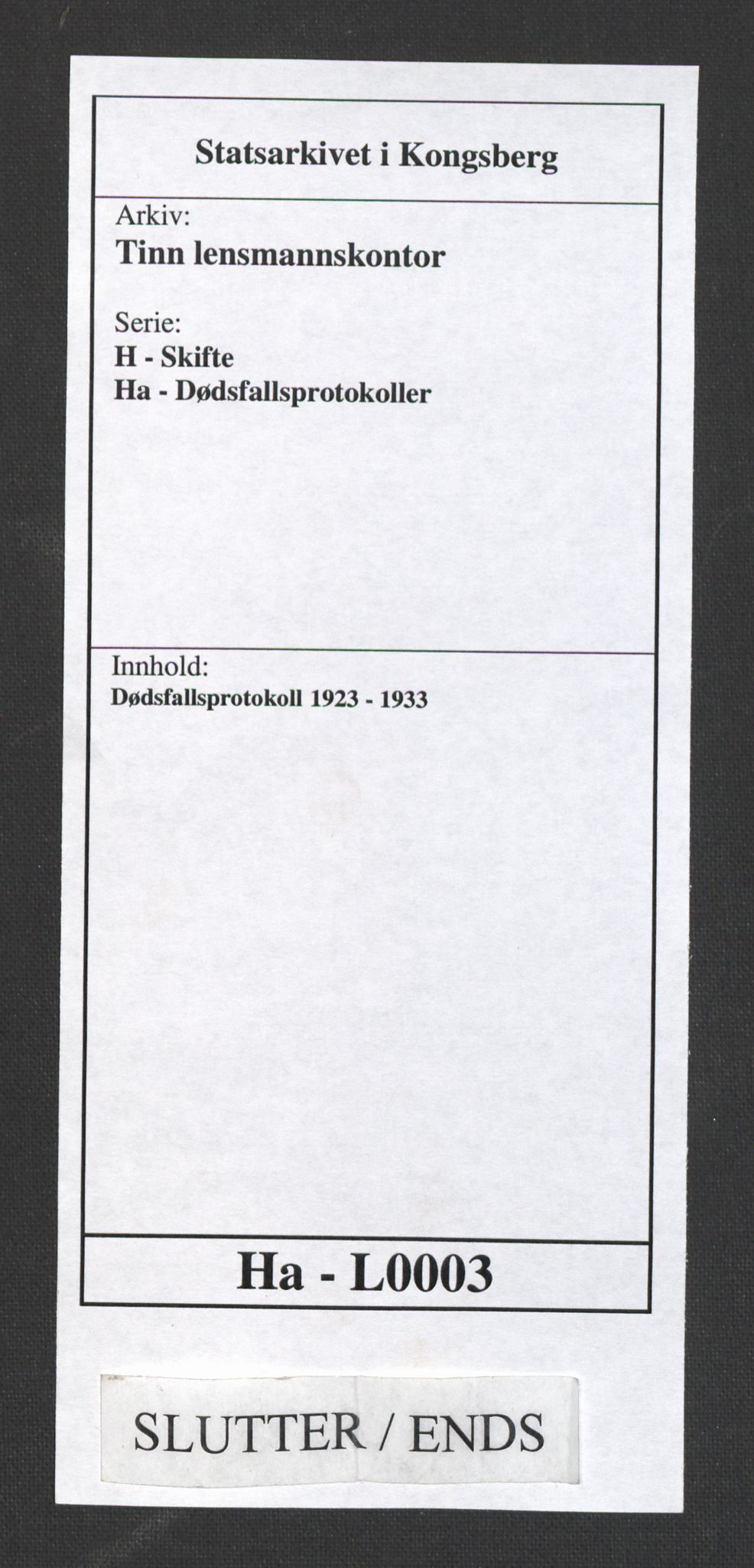 Tinn lensmannskontor, AV/SAKO-A-576/H/Ha/L0003: Dødsfallsprotokoll, 1923-1933