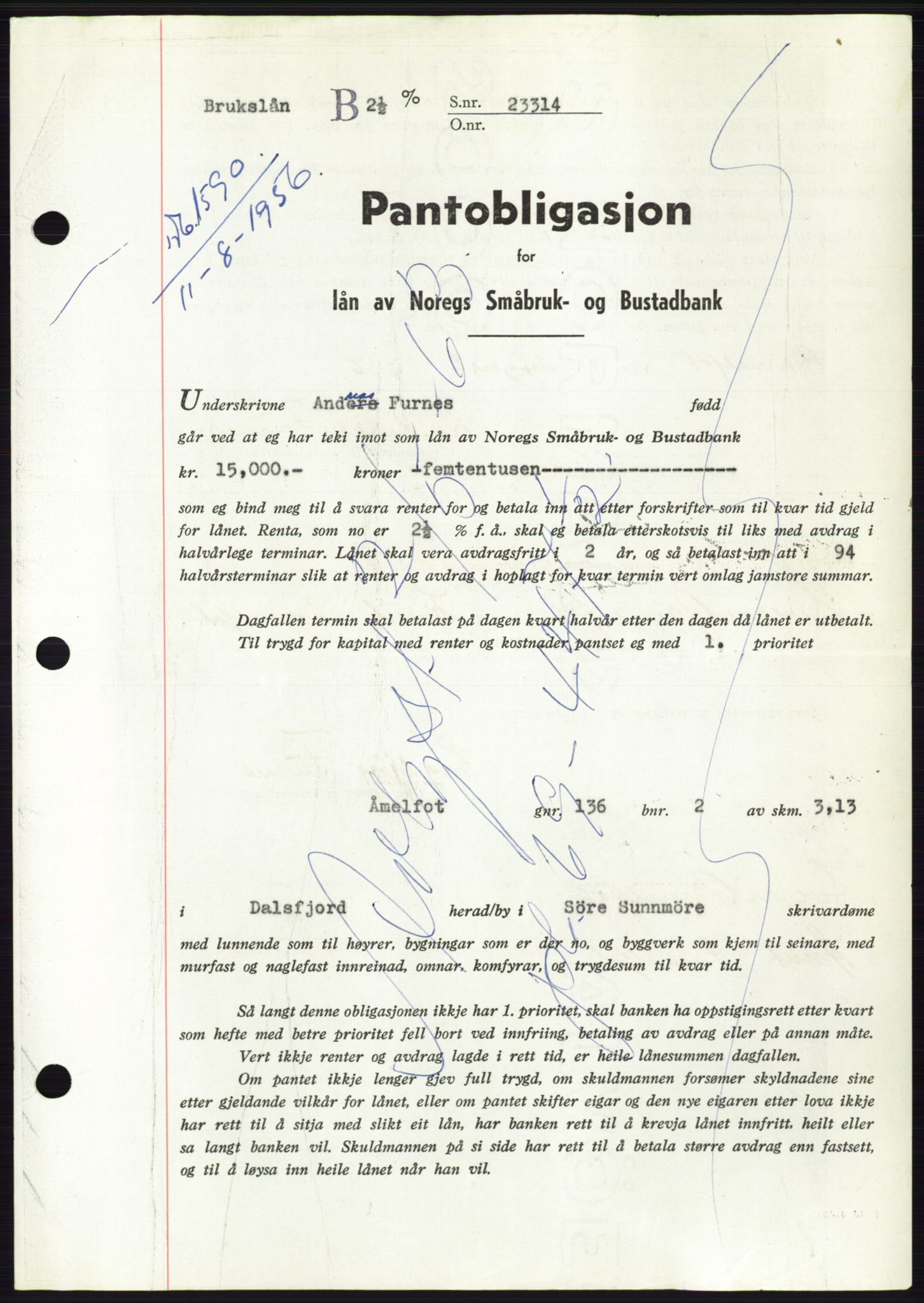 Søre Sunnmøre sorenskriveri, SAT/A-4122/1/2/2C/L0128: Pantebok nr. 16B, 1956-1956, Dagboknr: 1590/1956