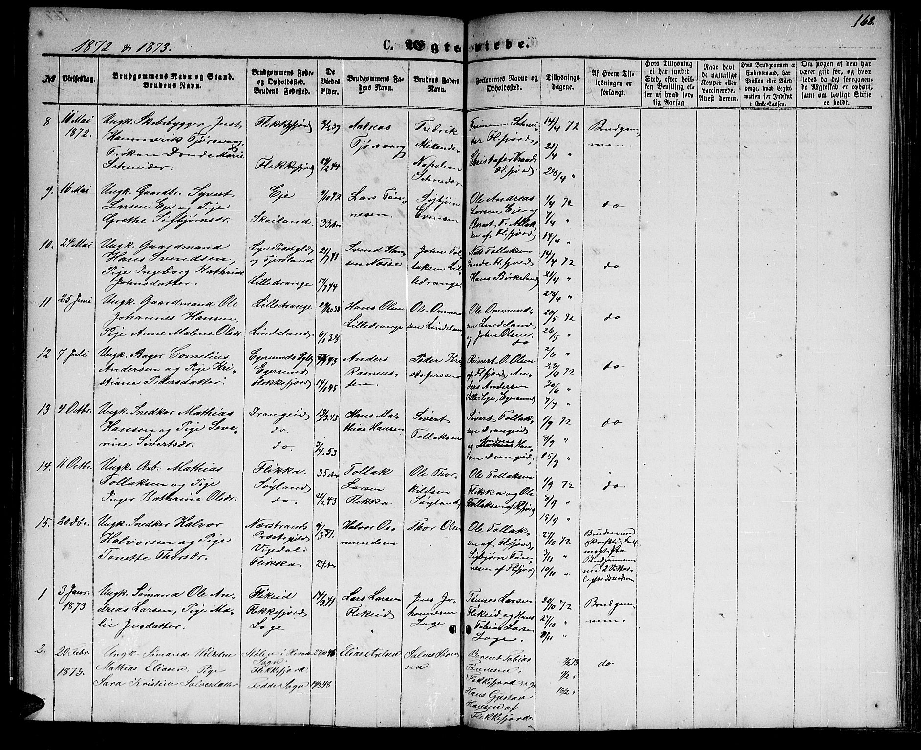 Flekkefjord sokneprestkontor, SAK/1111-0012/F/Fb/Fbc/L0006: Klokkerbok nr. B 6, 1866-1879, s. 168