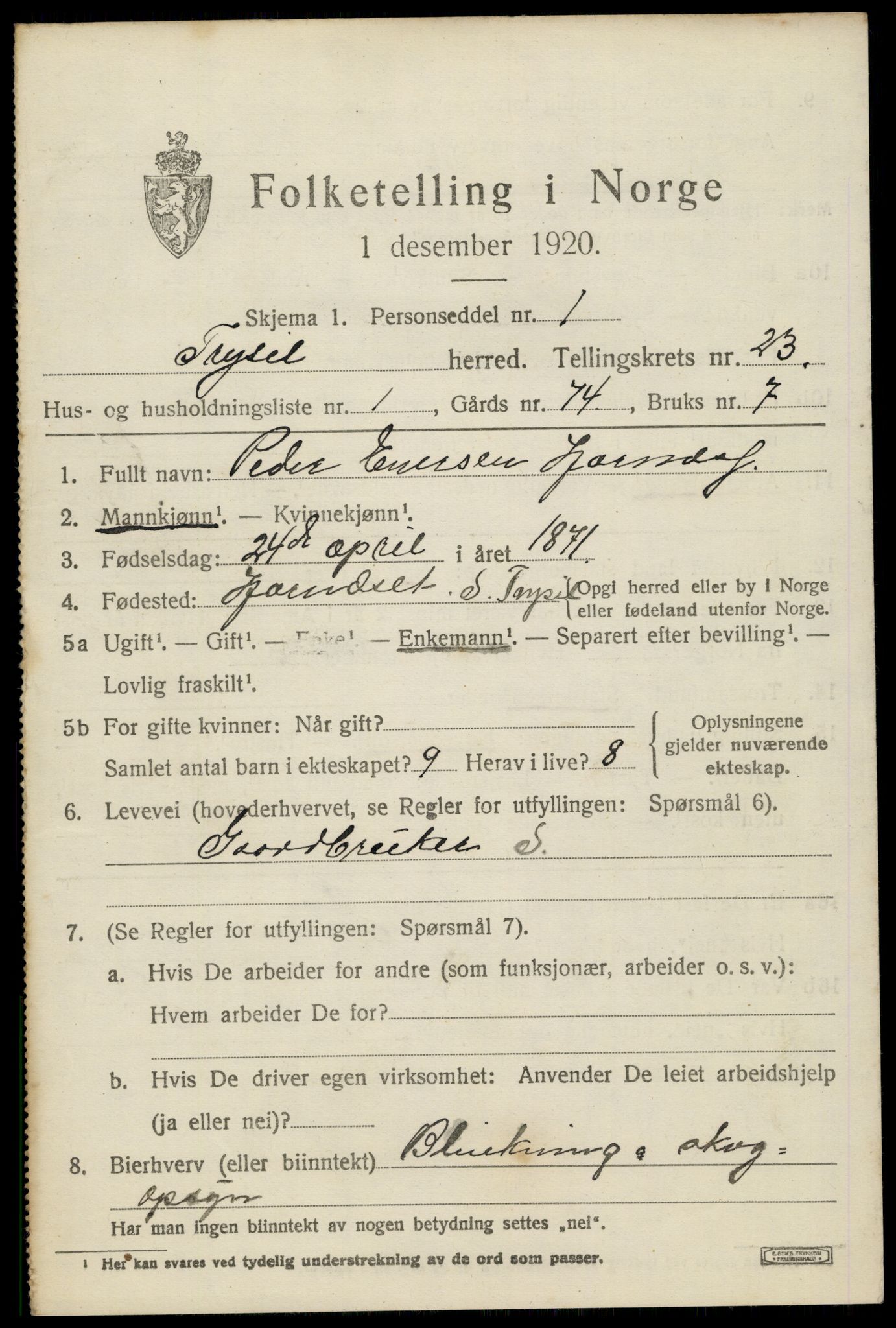 SAH, Folketelling 1920 for 0428 Trysil herred, 1920, s. 14847