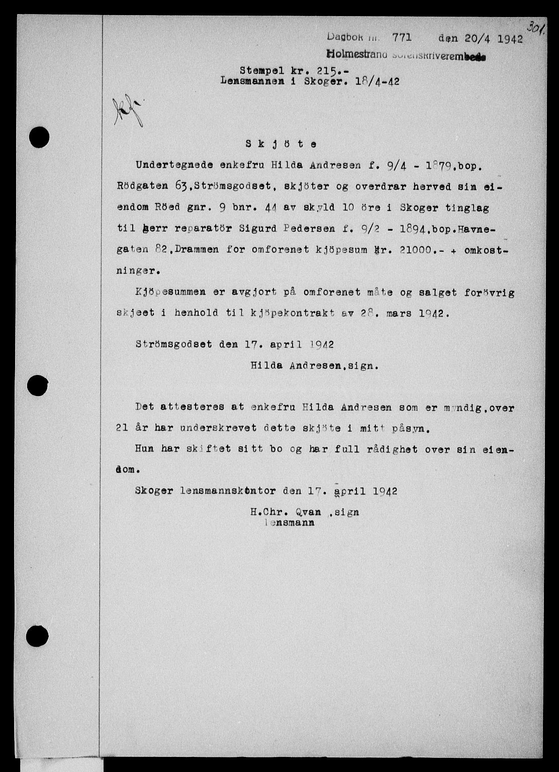 Holmestrand sorenskriveri, SAKO/A-67/G/Ga/Gaa/L0055: Pantebok nr. A-55, 1942-1942, Dagboknr: 771/1942
