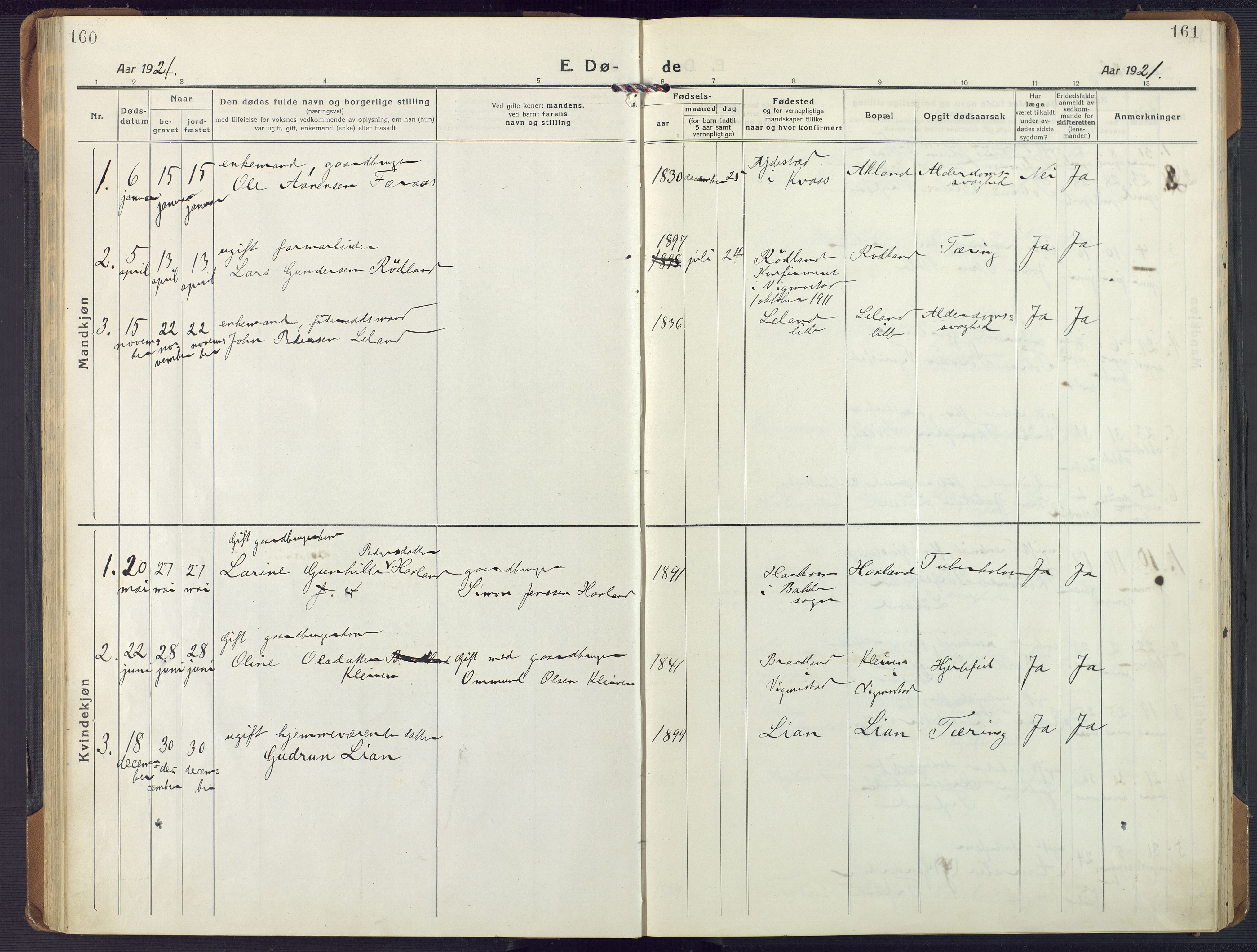 Nord-Audnedal sokneprestkontor, AV/SAK-1111-0032/F/Fa/Fab/L0005: Ministerialbok nr. A 5, 1918-1925, s. 160-161