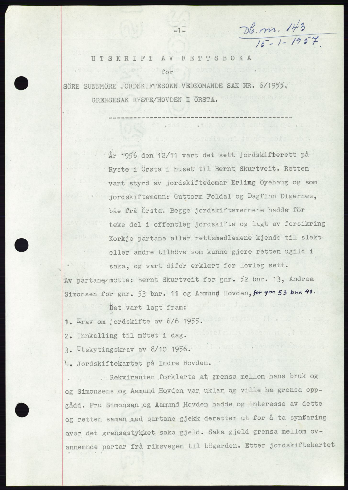 Søre Sunnmøre sorenskriveri, SAT/A-4122/1/2/2C/L0105: Pantebok nr. 31A, 1956-1957, Dagboknr: 143/1957