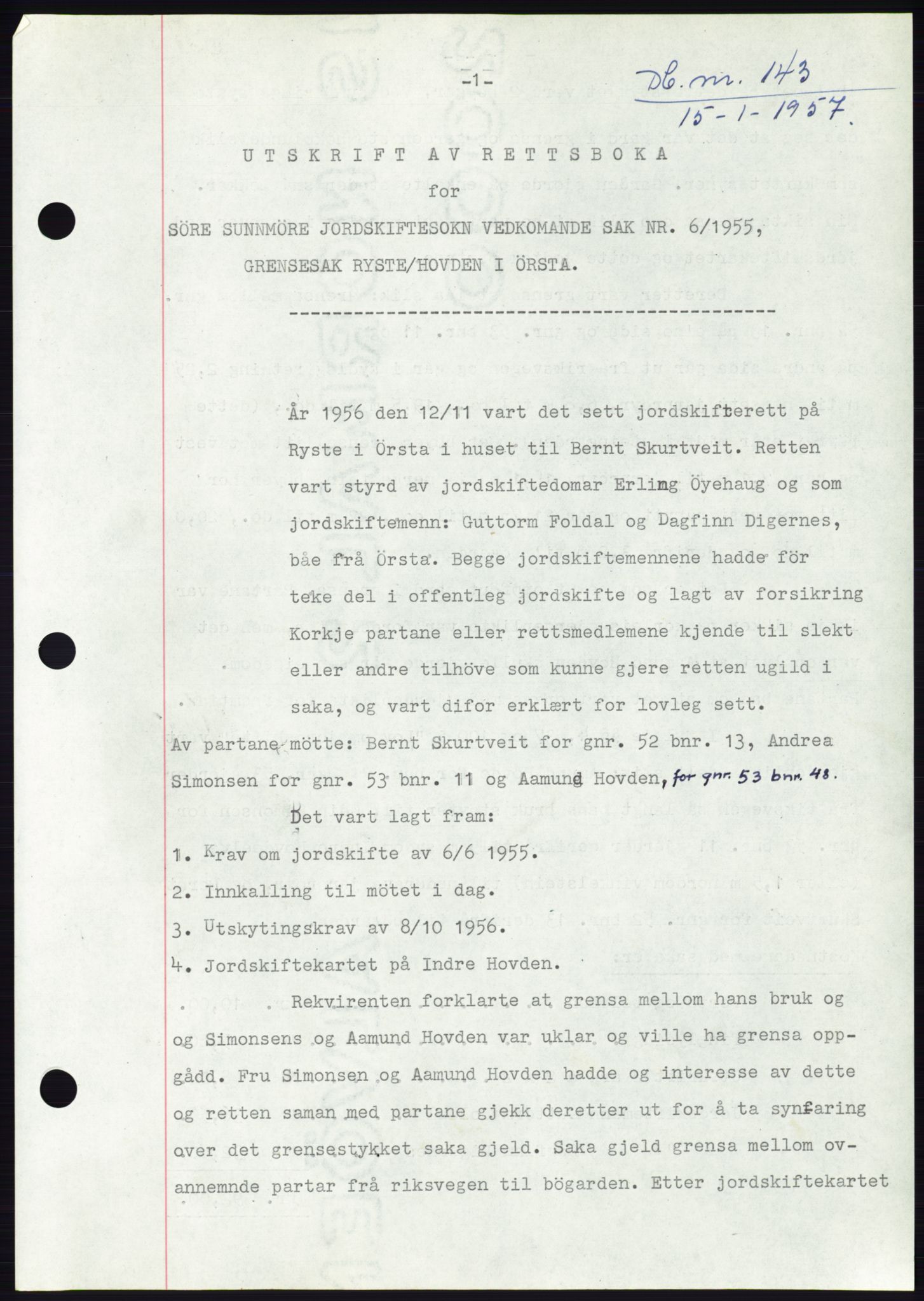 Søre Sunnmøre sorenskriveri, AV/SAT-A-4122/1/2/2C/L0105: Pantebok nr. 31A, 1956-1957, Dagboknr: 143/1957