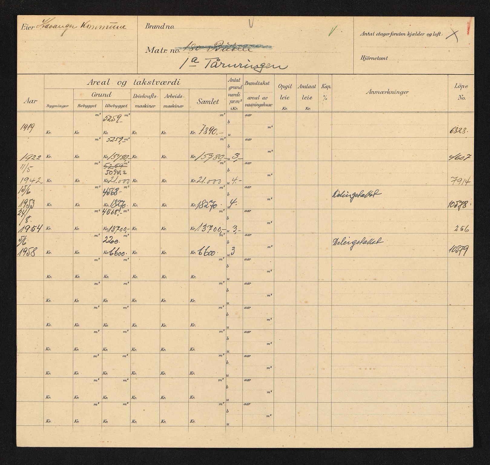 Stavanger kommune. Skattetakstvesenet, BYST/A-0440/F/Fa/Faa/L0044/0002: Skattetakstkort / Tårnringen 1 - 20