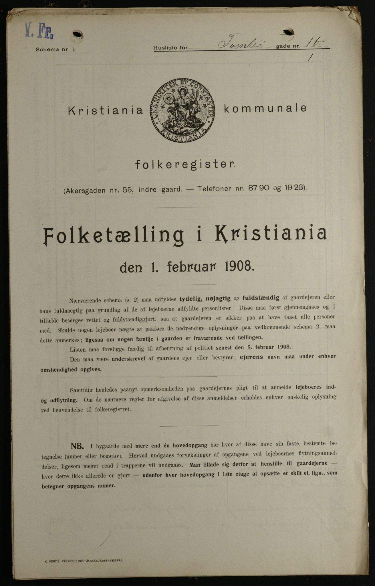 OBA, Kommunal folketelling 1.2.1908 for Kristiania kjøpstad, 1908, s. 101999