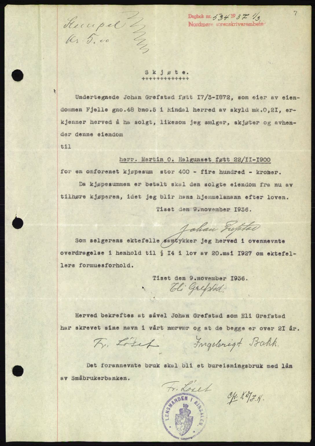 Nordmøre sorenskriveri, SAT/A-4132/1/2/2Ca: Pantebok nr. A81, 1937-1937, Dagboknr: 534/1937