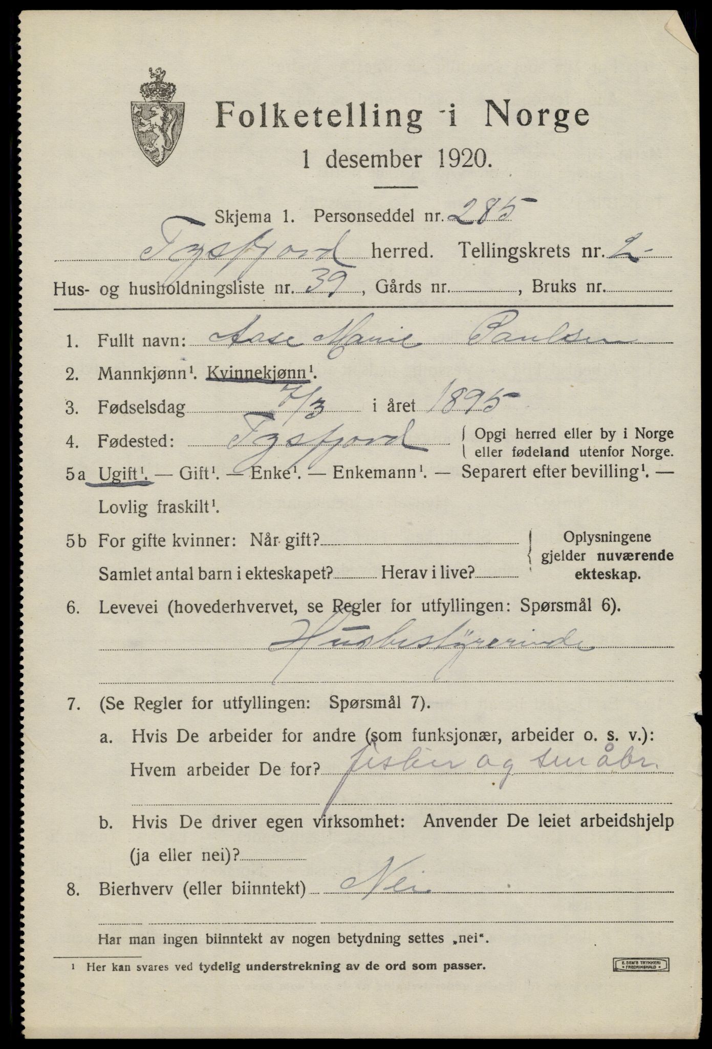 SAT, Folketelling 1920 for 1850 Tysfjord herred, 1920, s. 1799