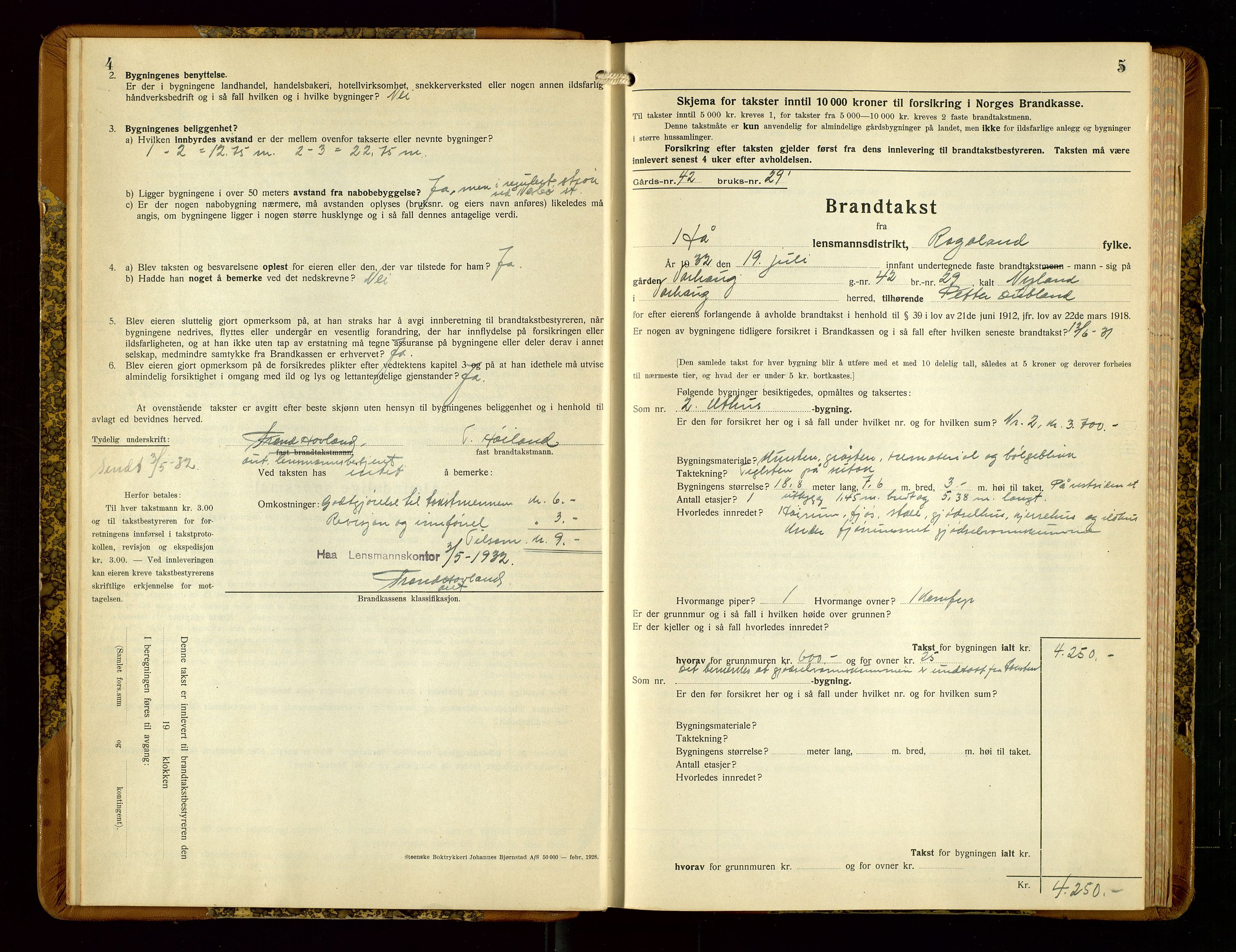 Hå lensmannskontor, SAST/A-100456/Goa/L0006: Takstprotokoll (skjema), 1932-1938, s. 4-5