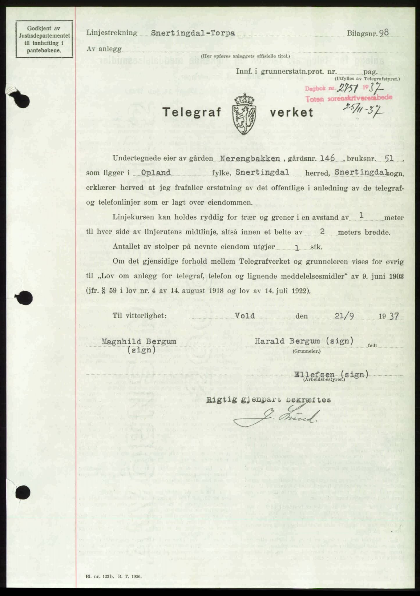 Toten tingrett, SAH/TING-006/H/Hb/Hbc/L0003: Pantebok nr. Hbc-03, 1937-1938, Dagboknr: 2751/1937