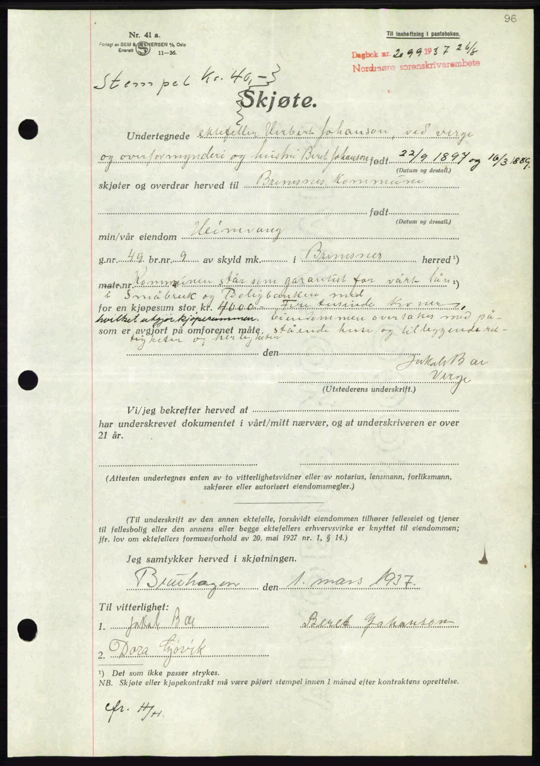 Nordmøre sorenskriveri, SAT/A-4132/1/2/2Ca: Pantebok nr. A82, 1937-1938, Dagboknr: 2099/1937