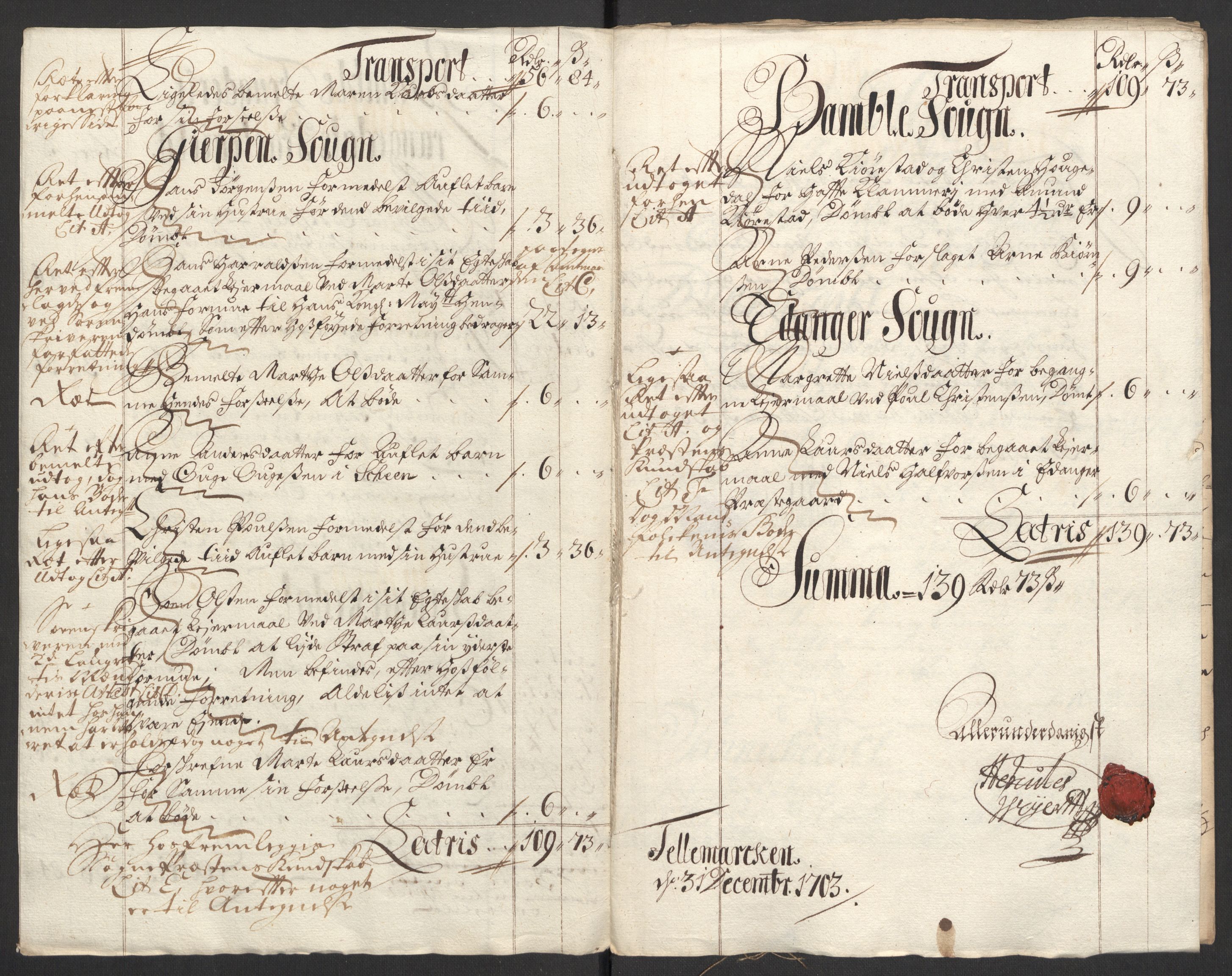 Rentekammeret inntil 1814, Reviderte regnskaper, Fogderegnskap, AV/RA-EA-4092/R36/L2109: Fogderegnskap Øvre og Nedre Telemark og Bamble, 1703, s. 54