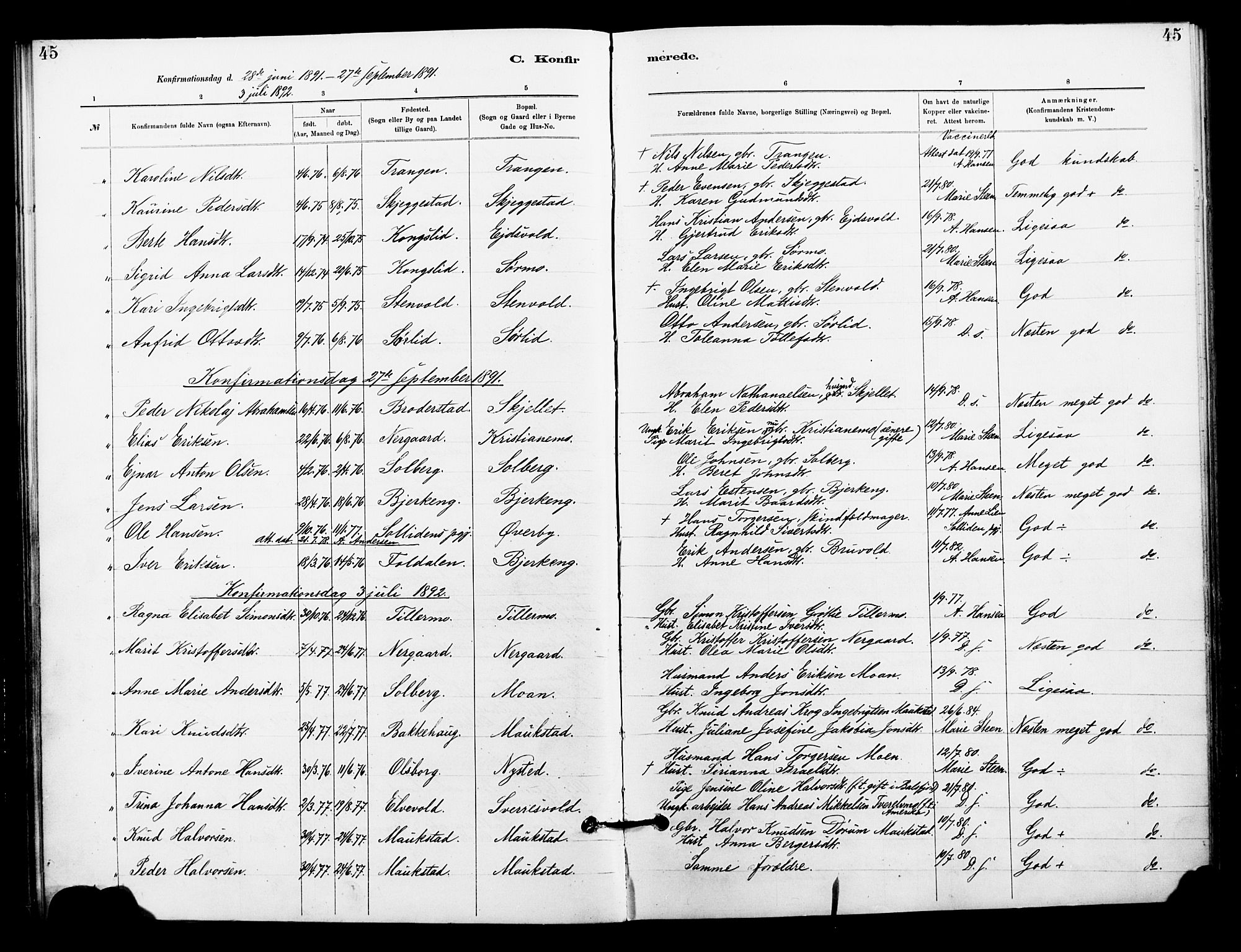 Målselv sokneprestembete, AV/SATØ-S-1311/G/Ga/Gaa/L0006kirke: Ministerialbok nr. 6, 1884-1902, s. 45