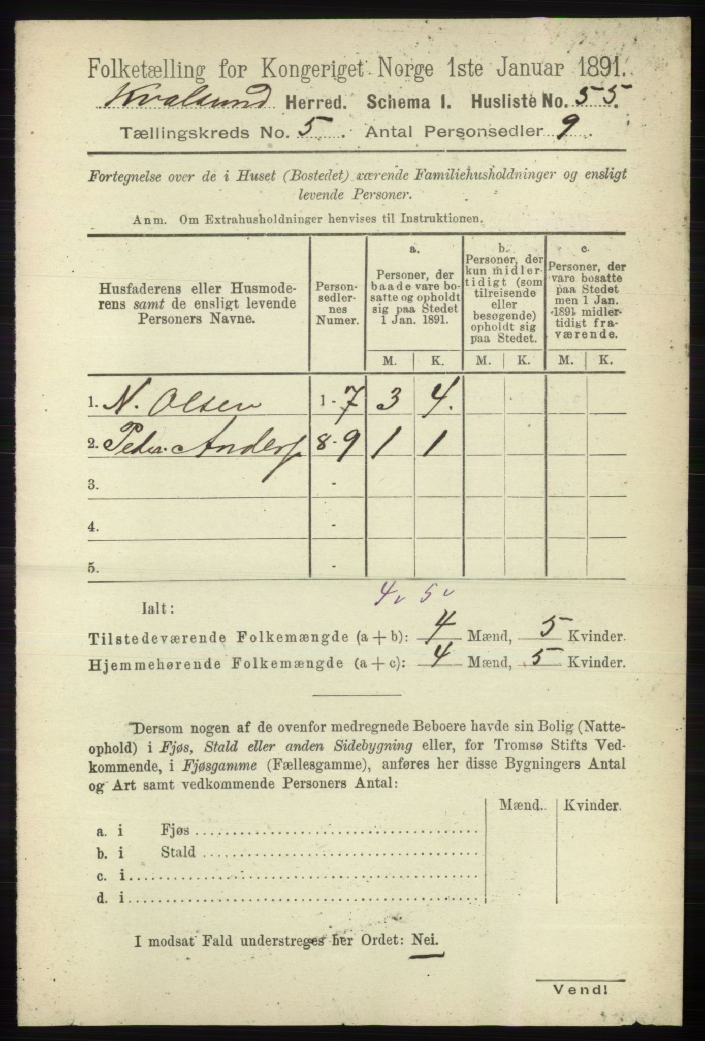 RA, Folketelling 1891 for 2017 Kvalsund herred, 1891, s. 507