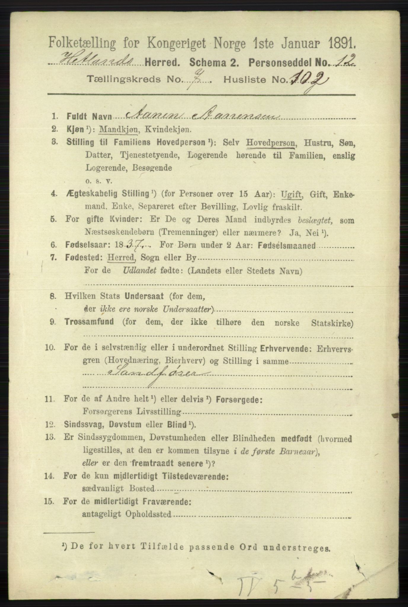 RA, Folketelling 1891 for 1126 Hetland herred, 1891, s. 4347