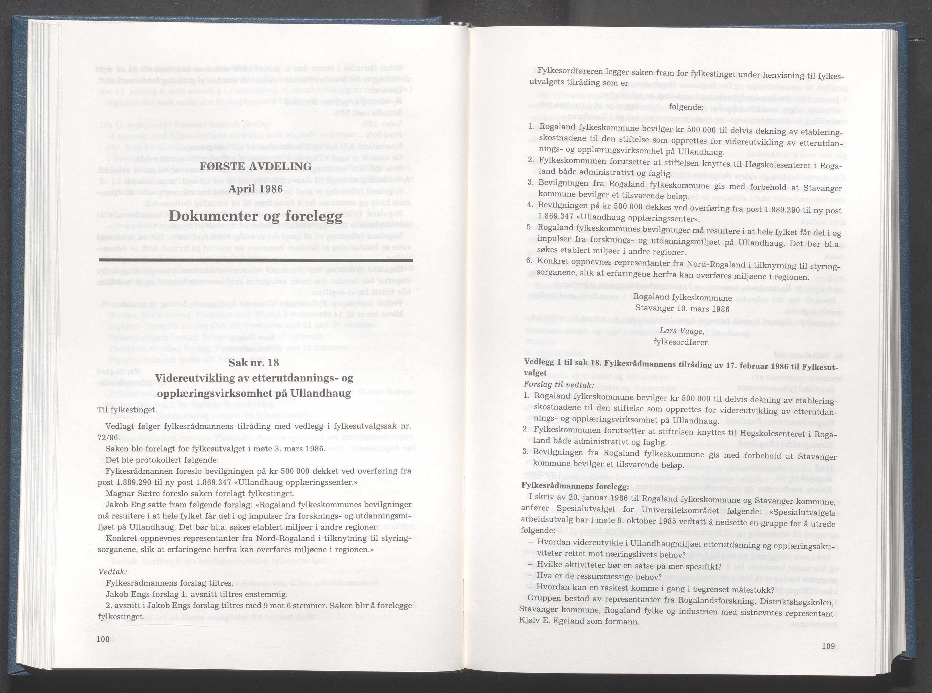 Rogaland fylkeskommune - Fylkesrådmannen , IKAR/A-900/A/Aa/Aaa/L0106: Møtebok , 1986, s. 108-109