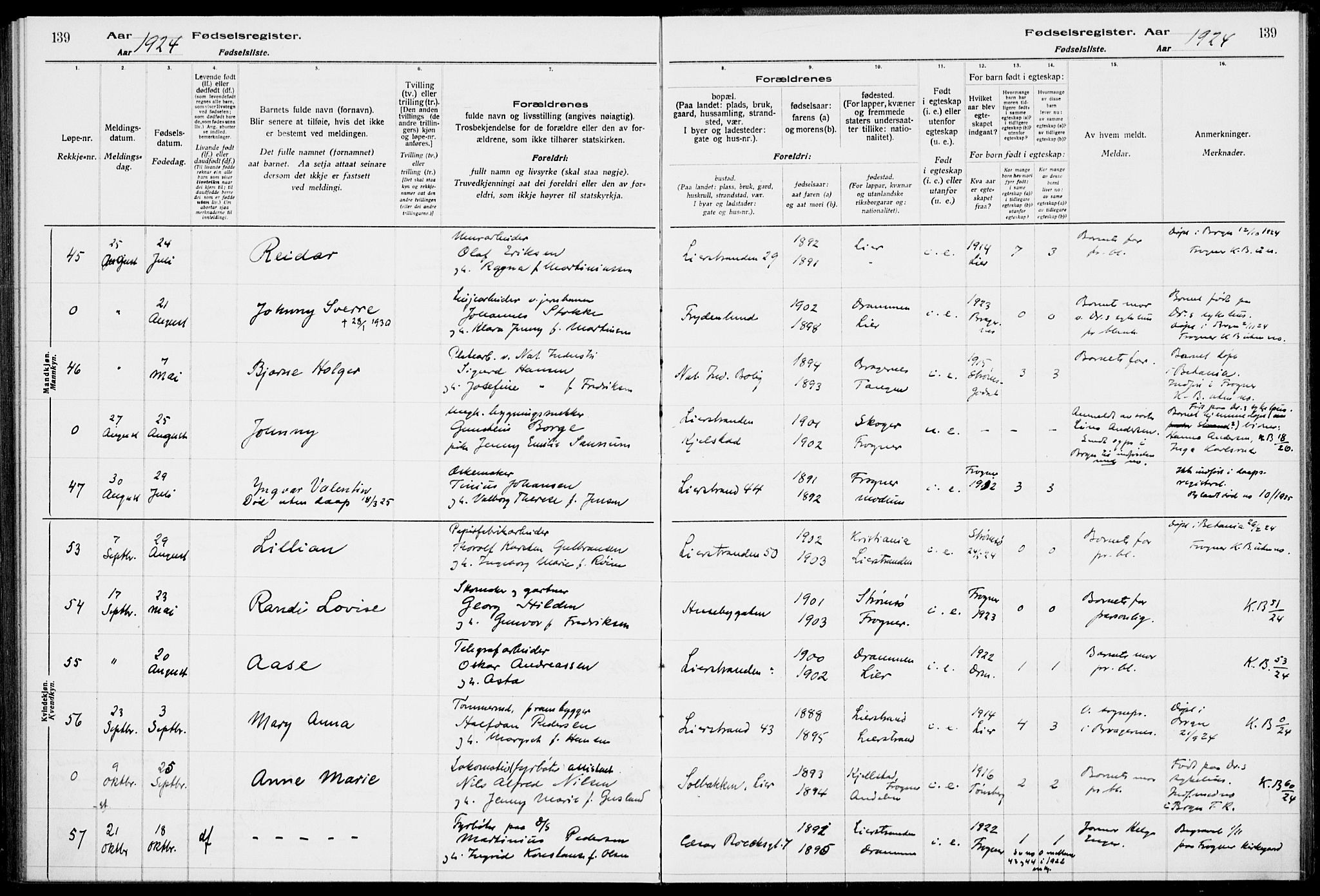 Lier kirkebøker, AV/SAKO-A-230/J/Ja/L0001: Fødselsregister nr. 1, 1916-1928, s. 139