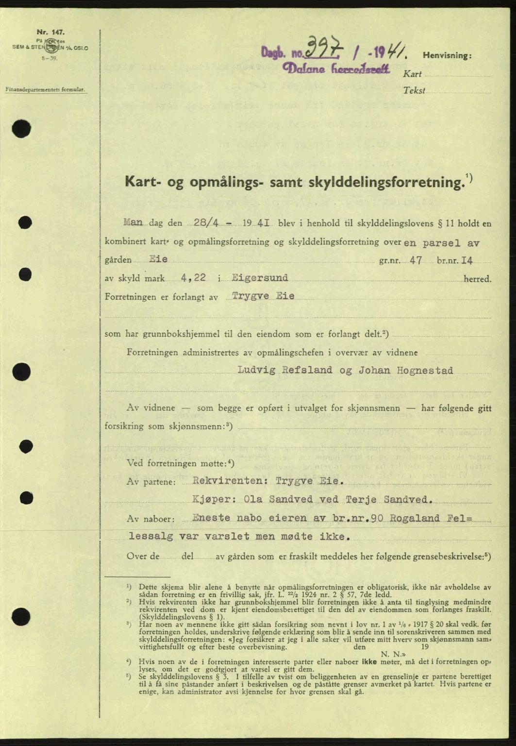 Dalane sorenskriveri, SAST/A-100309/02/G/Gb/L0044: Pantebok nr. A5, 1940-1941, Dagboknr: 397/1941