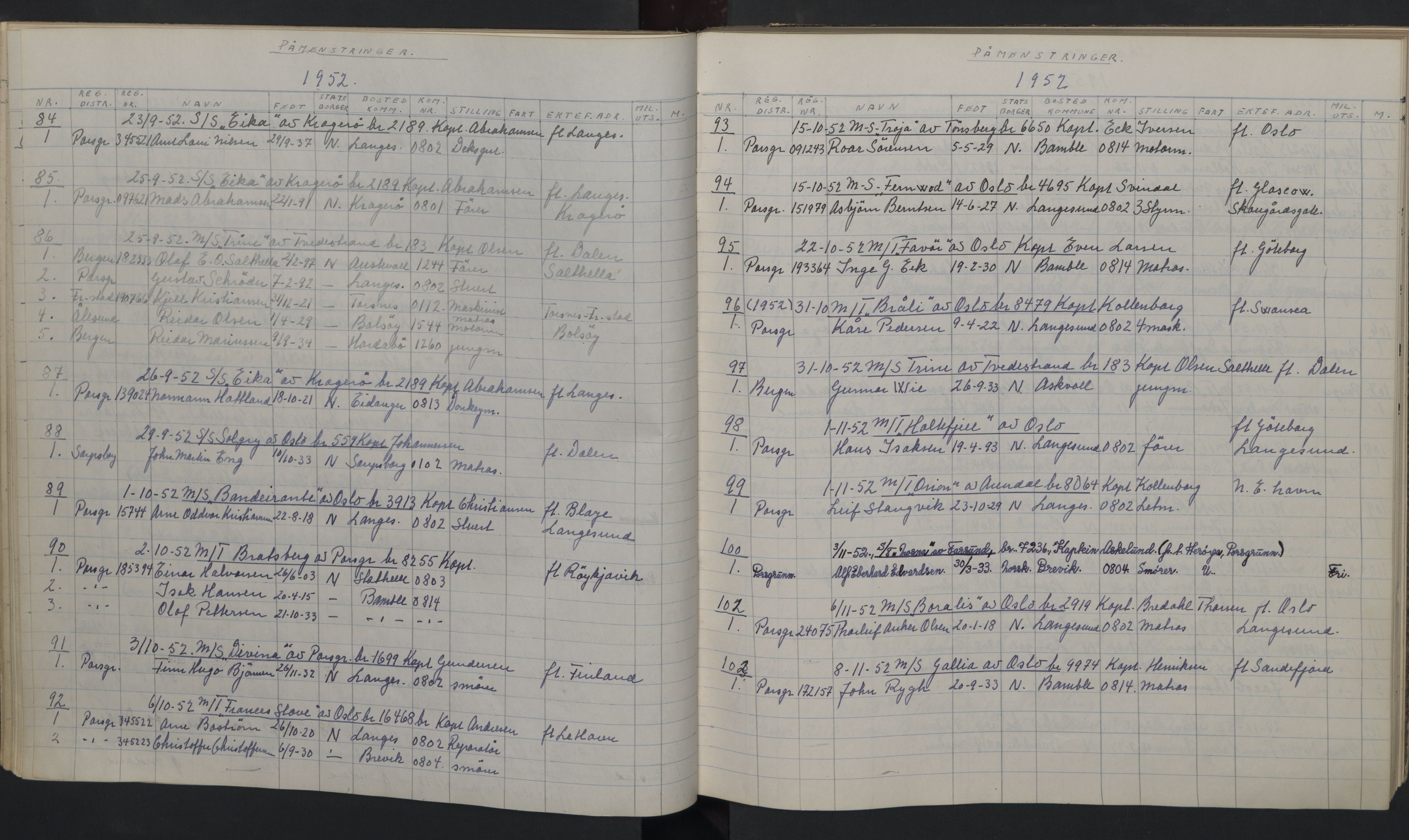 Stathelle hjelpekontorfor sjømannsformidlingen, AV/SAKO-A-834/H/Ha/L0001: Mønstringsjournal, 1949-1959, s. 44-45