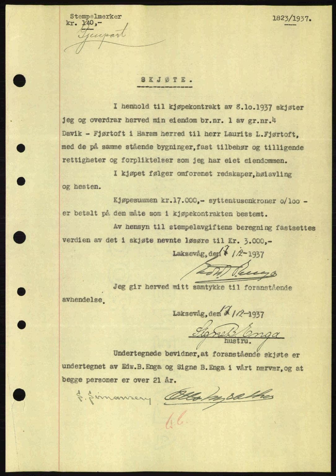 Nordre Sunnmøre sorenskriveri, AV/SAT-A-0006/1/2/2C/2Ca: Pantebok nr. A4, 1937-1938, Dagboknr: 1823/1937