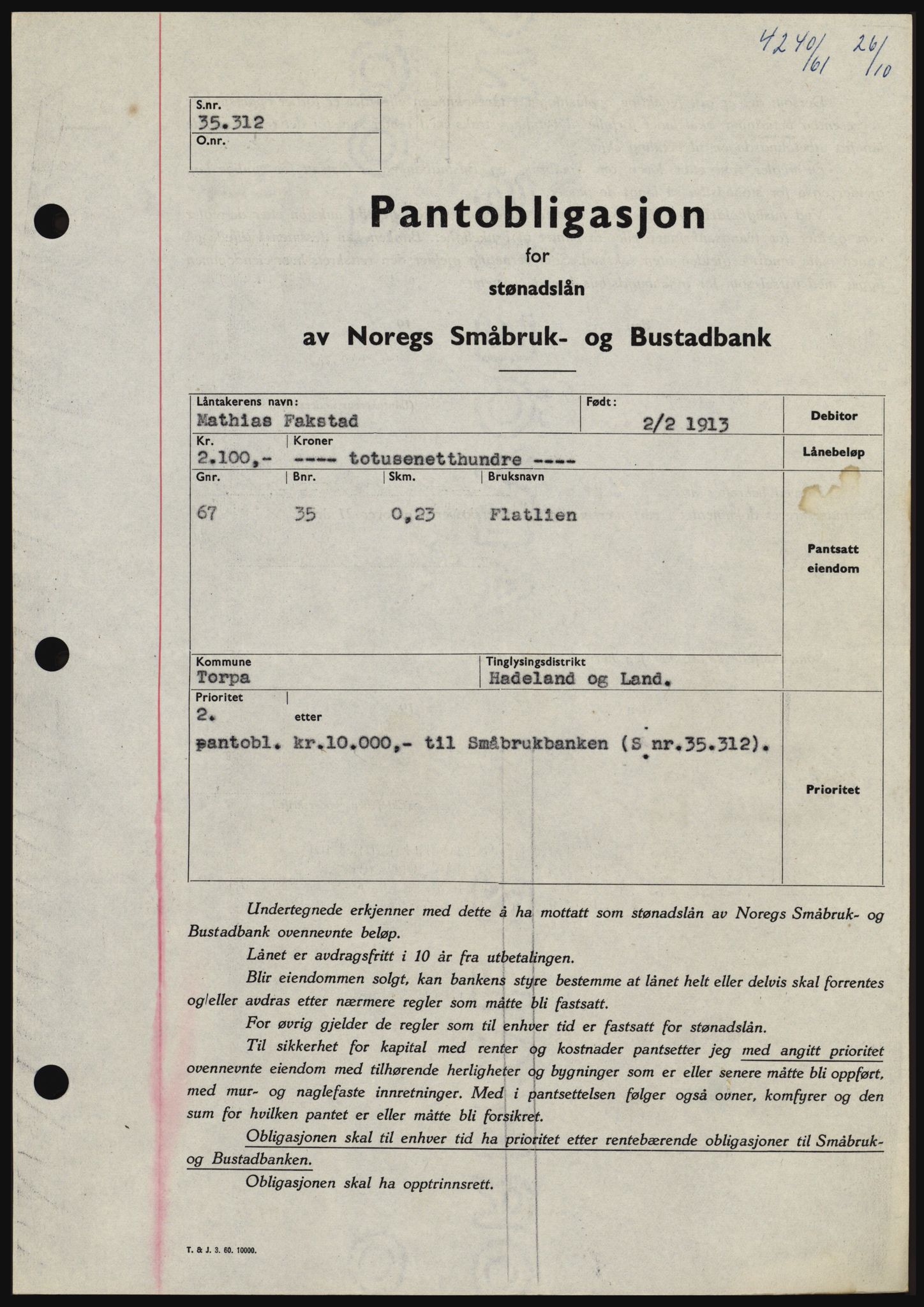 Hadeland og Land tingrett, SAH/TING-010/H/Hb/Hbc/L0047: Pantebok nr. B47, 1961-1962, Dagboknr: 4240/1961
