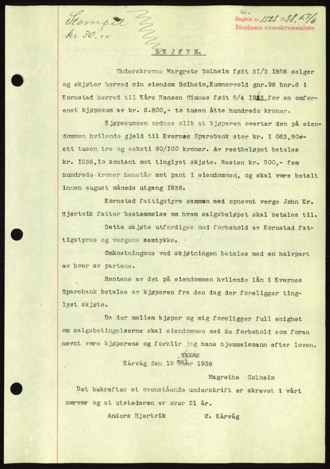 Nordmøre sorenskriveri, SAT/A-4132/1/2/2Ca: Pantebok nr. A84, 1938-1938, Dagboknr: 1525/1938