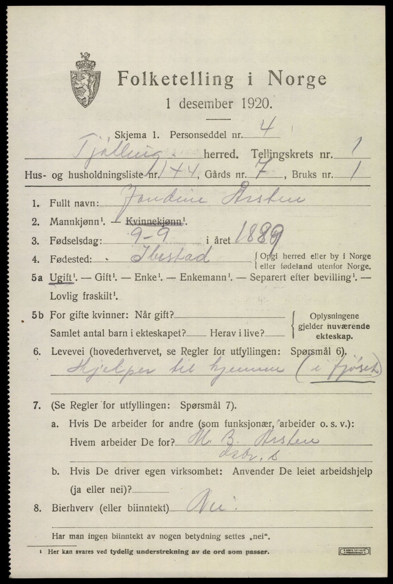 SAKO, Folketelling 1920 for 0725 Tjølling herred, 1920, s. 3139