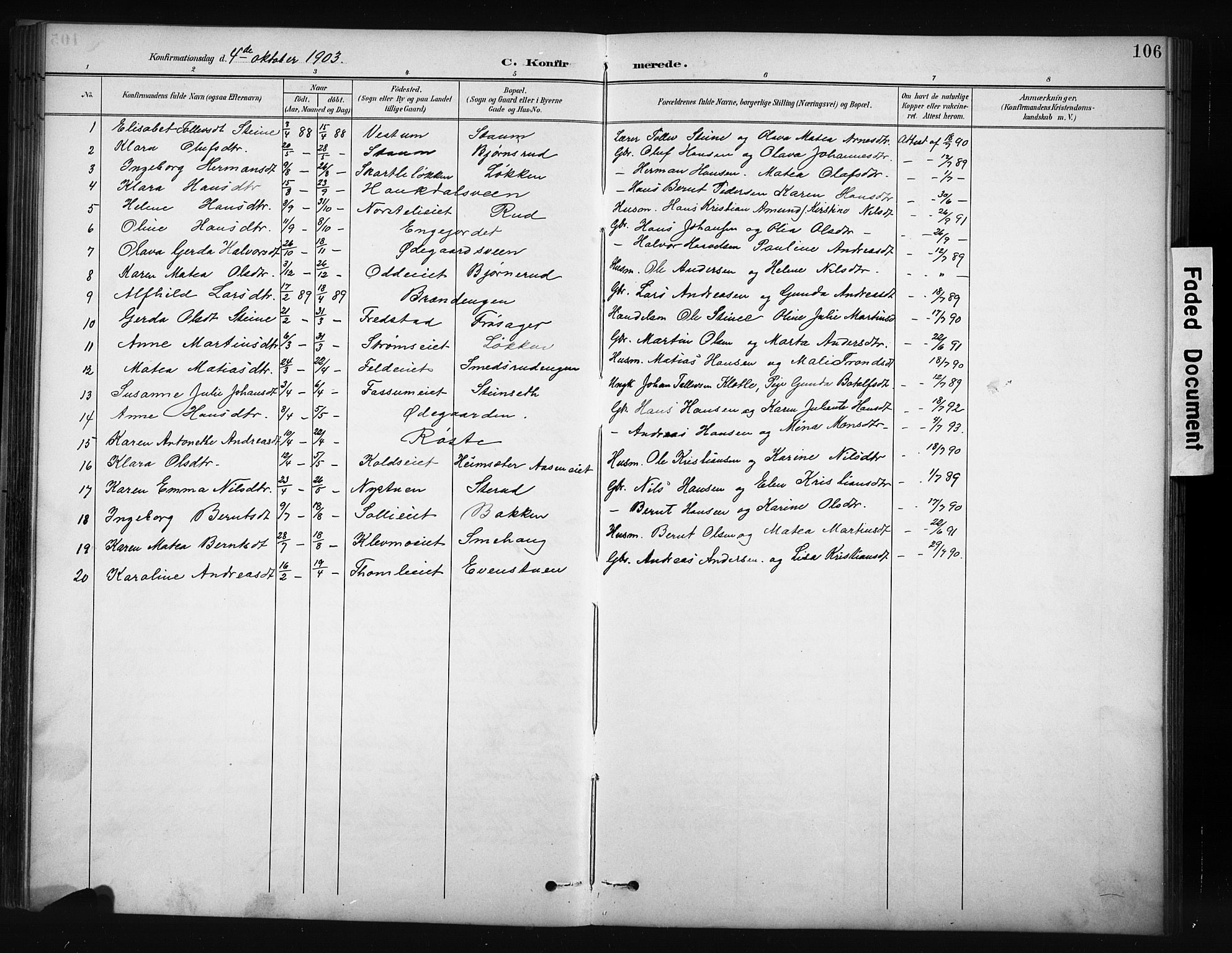 Nordre Land prestekontor, AV/SAH-PREST-124/H/Ha/Hab/L0012: Klokkerbok nr. 12, 1891-1909, s. 106
