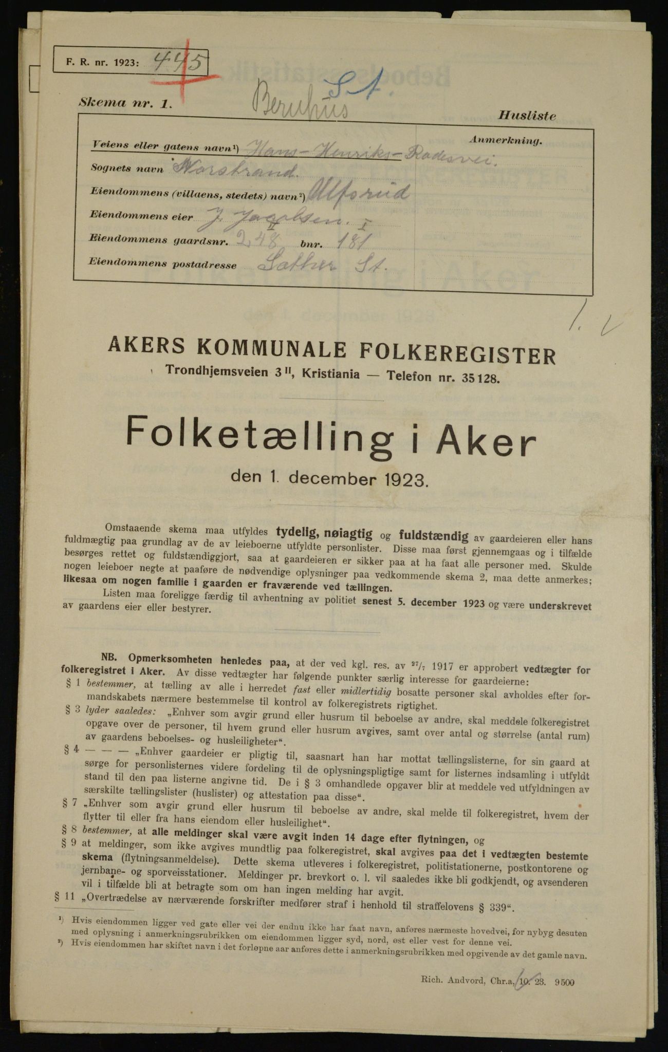 , Kommunal folketelling 1.12.1923 for Aker, 1923, s. 39318