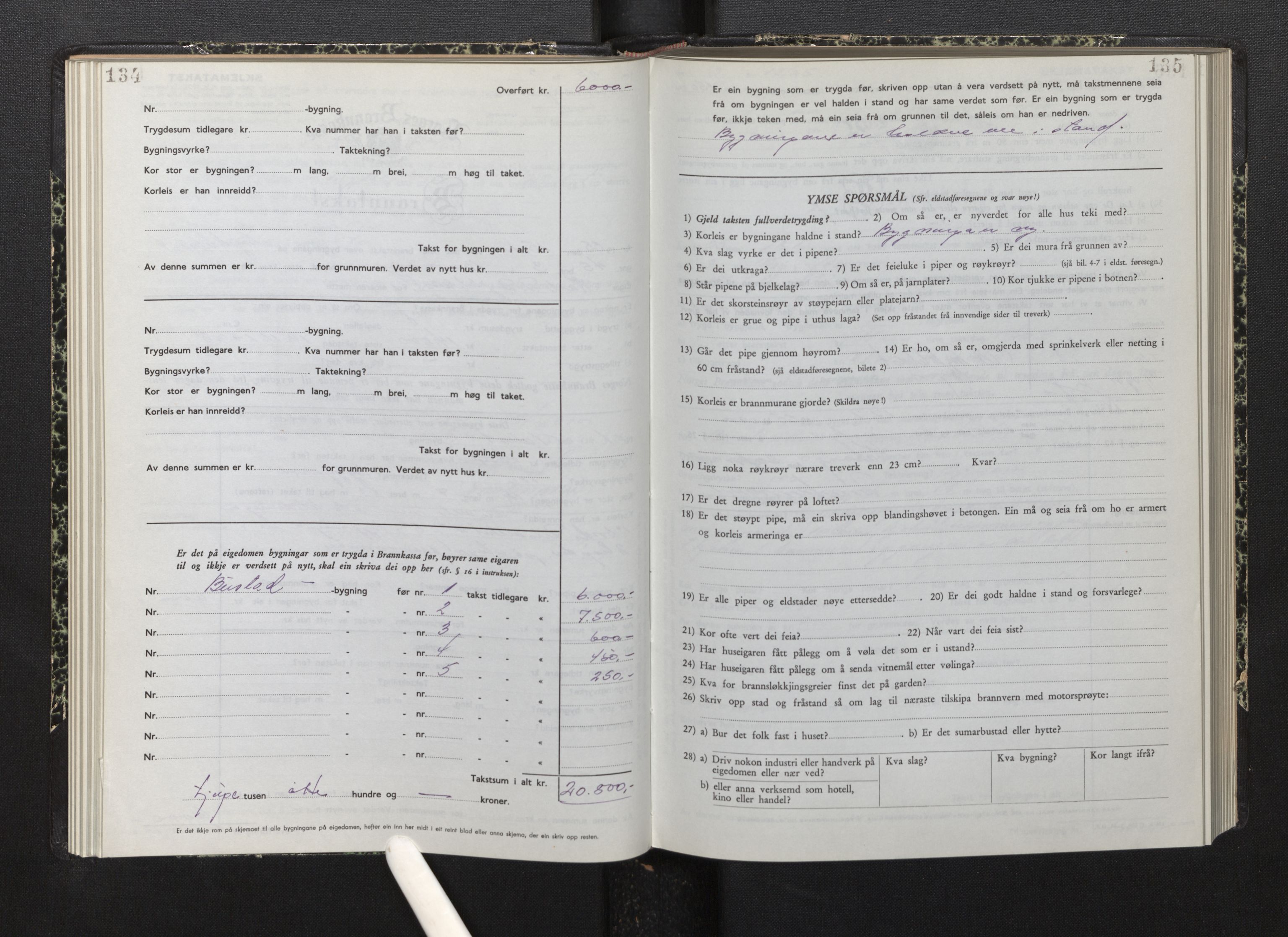 Lensmannen i Bremanger, SAB/A-26701/0012/L0010: Branntakstprotokoll, skjematakst, 1950-1955, s. 134-135