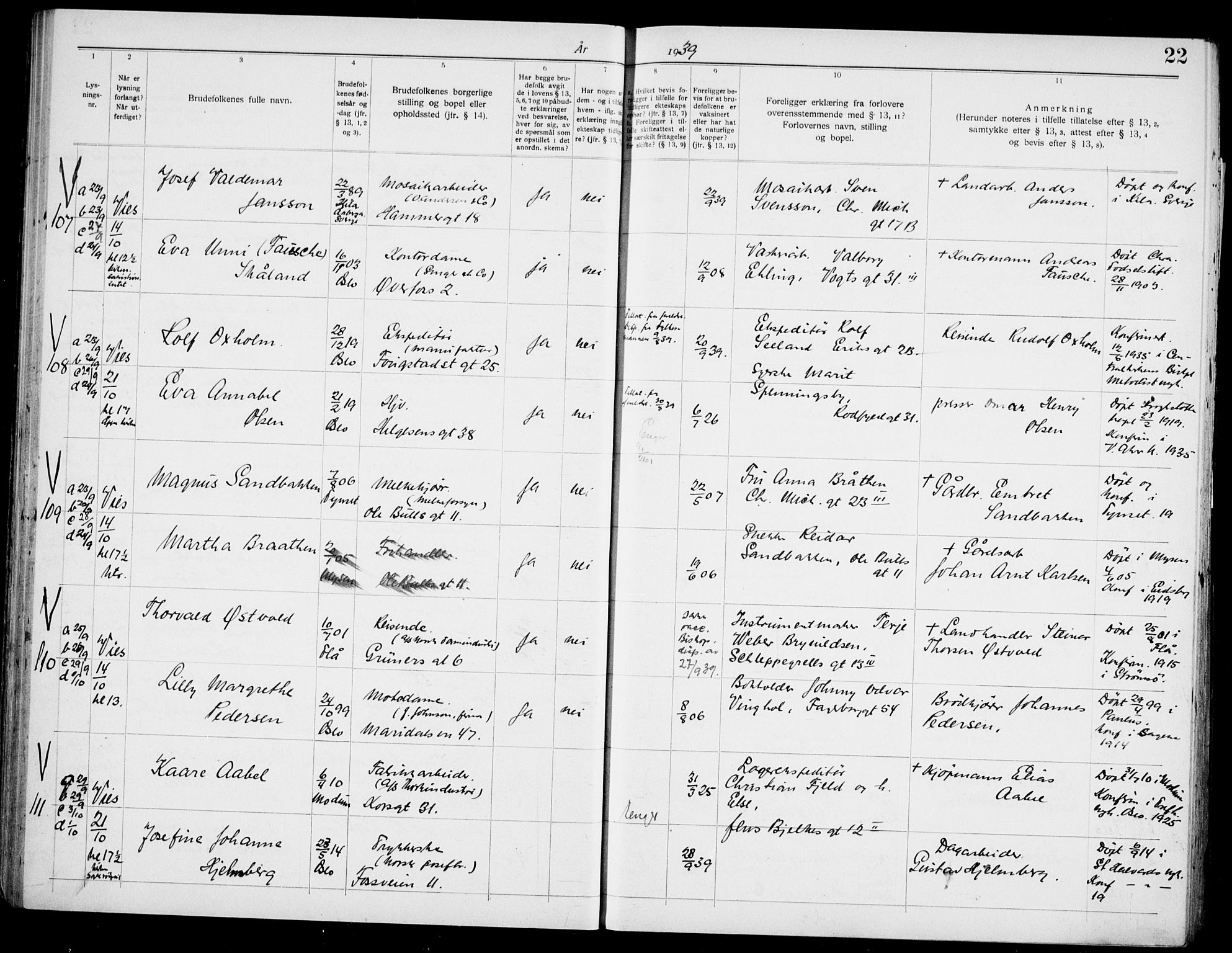 Paulus prestekontor Kirkebøker, AV/SAO-A-10871/H/Ha/L0006: Lysningsprotokoll nr. 6, 1939-1942, s. 22