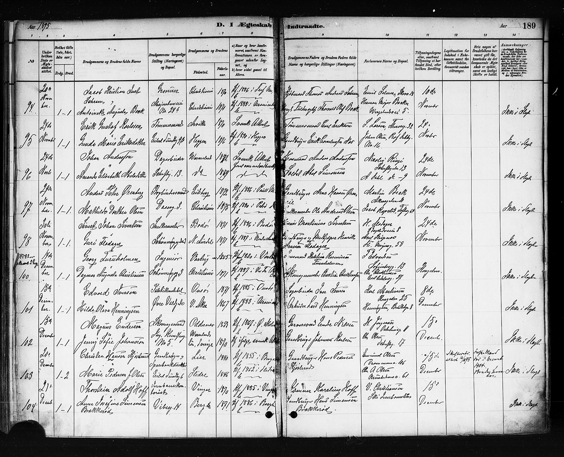 Uranienborg prestekontor Kirkebøker, AV/SAO-A-10877/F/Fa/L0002: Ministerialbok nr. I 2, 1880-1896, s. 189