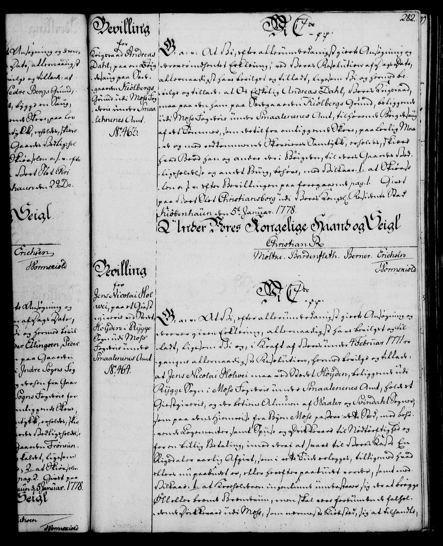 Rentekammeret, Kammerkanselliet, AV/RA-EA-3111/G/Gg/Gga/L0010: Norsk ekspedisjonsprotokoll med register (merket RK 53.10), 1773-1778, s. 282