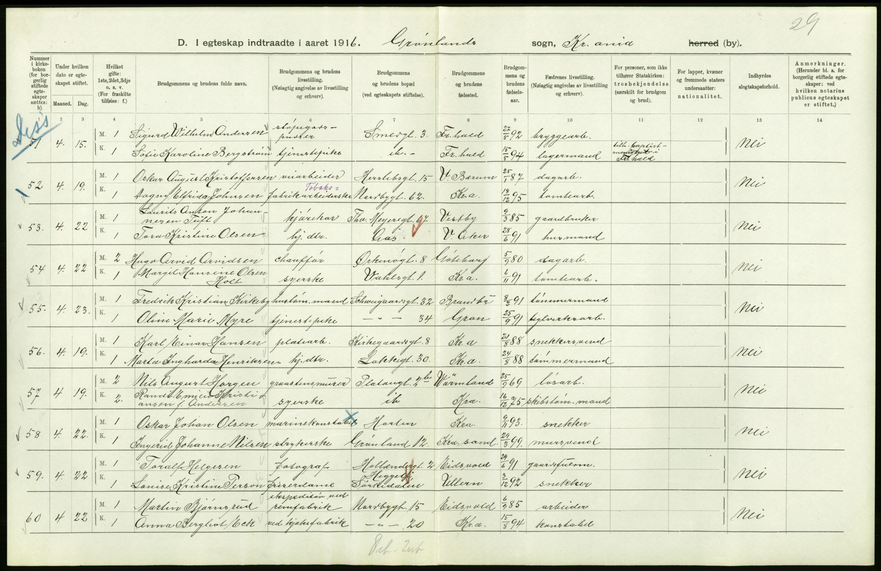 Statistisk sentralbyrå, Sosiodemografiske emner, Befolkning, AV/RA-S-2228/D/Df/Dfb/Dfbf/L0008: Kristiania: Gifte, 1916, s. 554