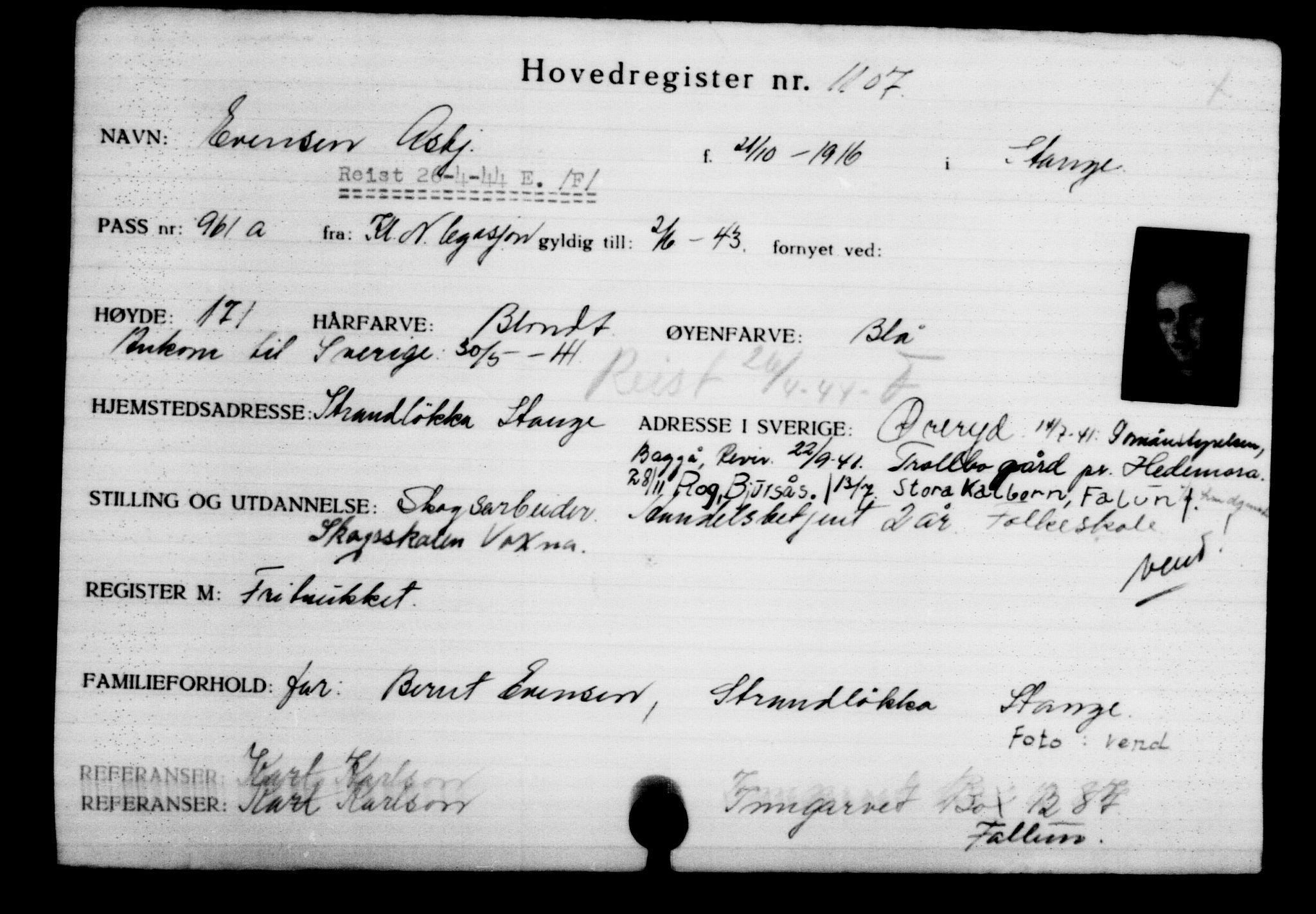 Utenriksstasjonene, Legasjonen i Stockholm, Flyktningkontoret, AV/RA-S-6753/V/Va/L0002: Kjesäterkartoteket, flyktninger med registreringsnr. 1001-2000, 1940-1945, s. 176