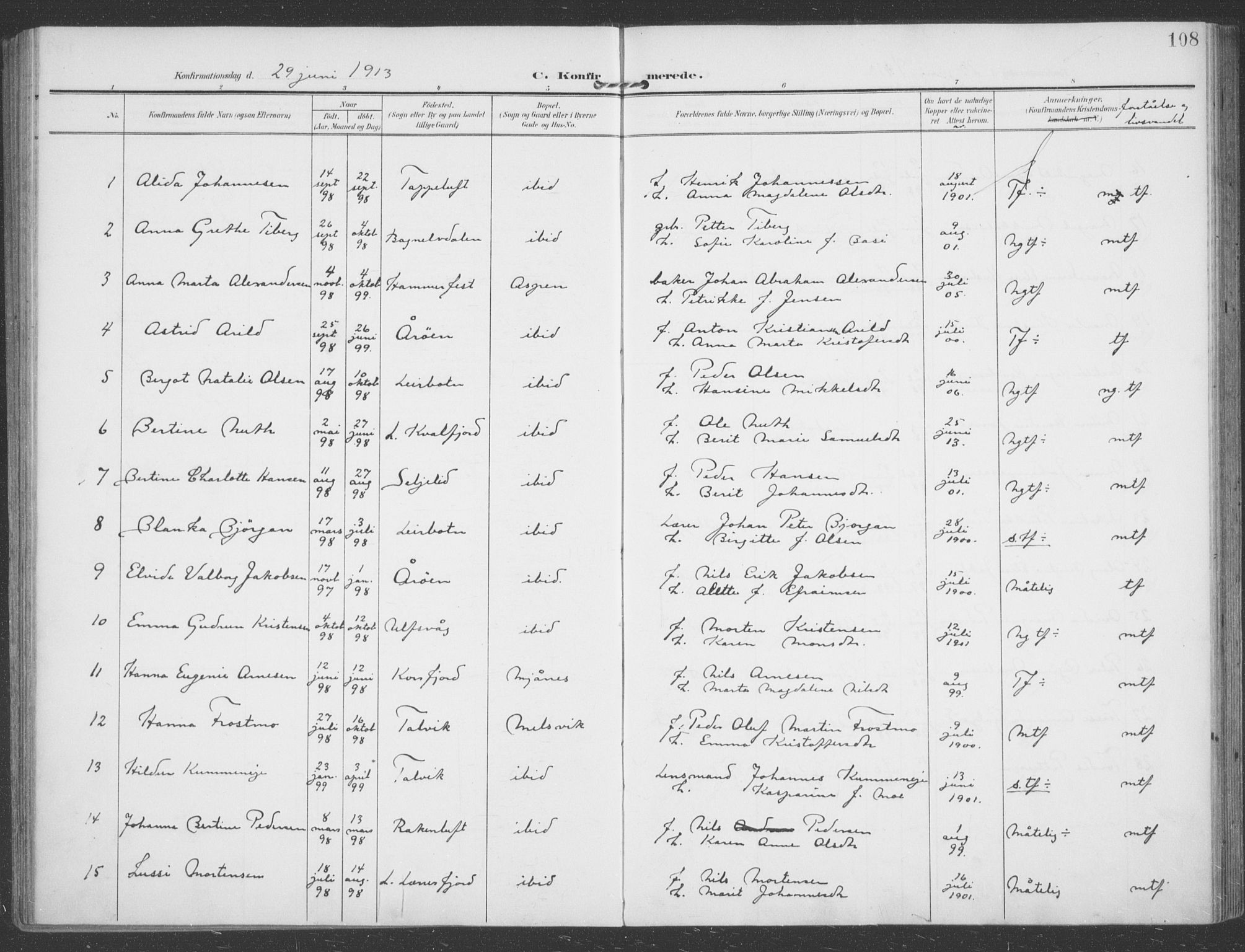Talvik sokneprestkontor, AV/SATØ-S-1337/H/Ha/L0017kirke: Ministerialbok nr. 17, 1906-1915, s. 108