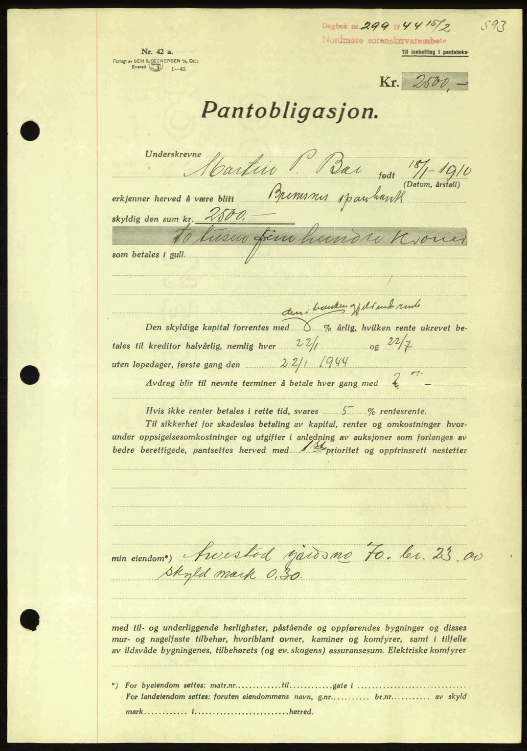 Nordmøre sorenskriveri, AV/SAT-A-4132/1/2/2Ca: Pantebok nr. B91, 1943-1944, Dagboknr: 299/1944