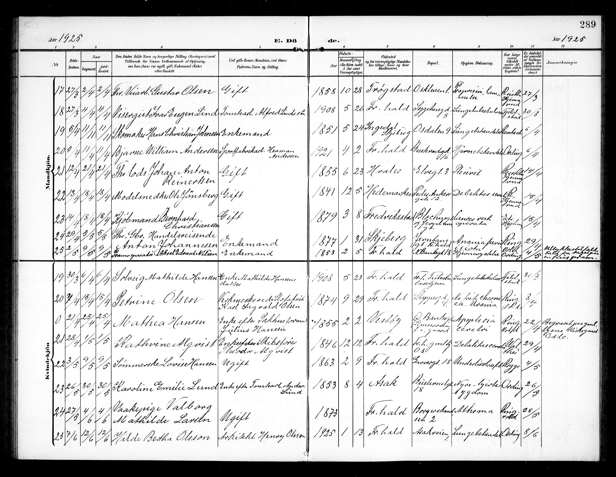 Halden prestekontor Kirkebøker, AV/SAO-A-10909/G/Ga/L0011: Klokkerbok nr. 11, 1906-1934, s. 289