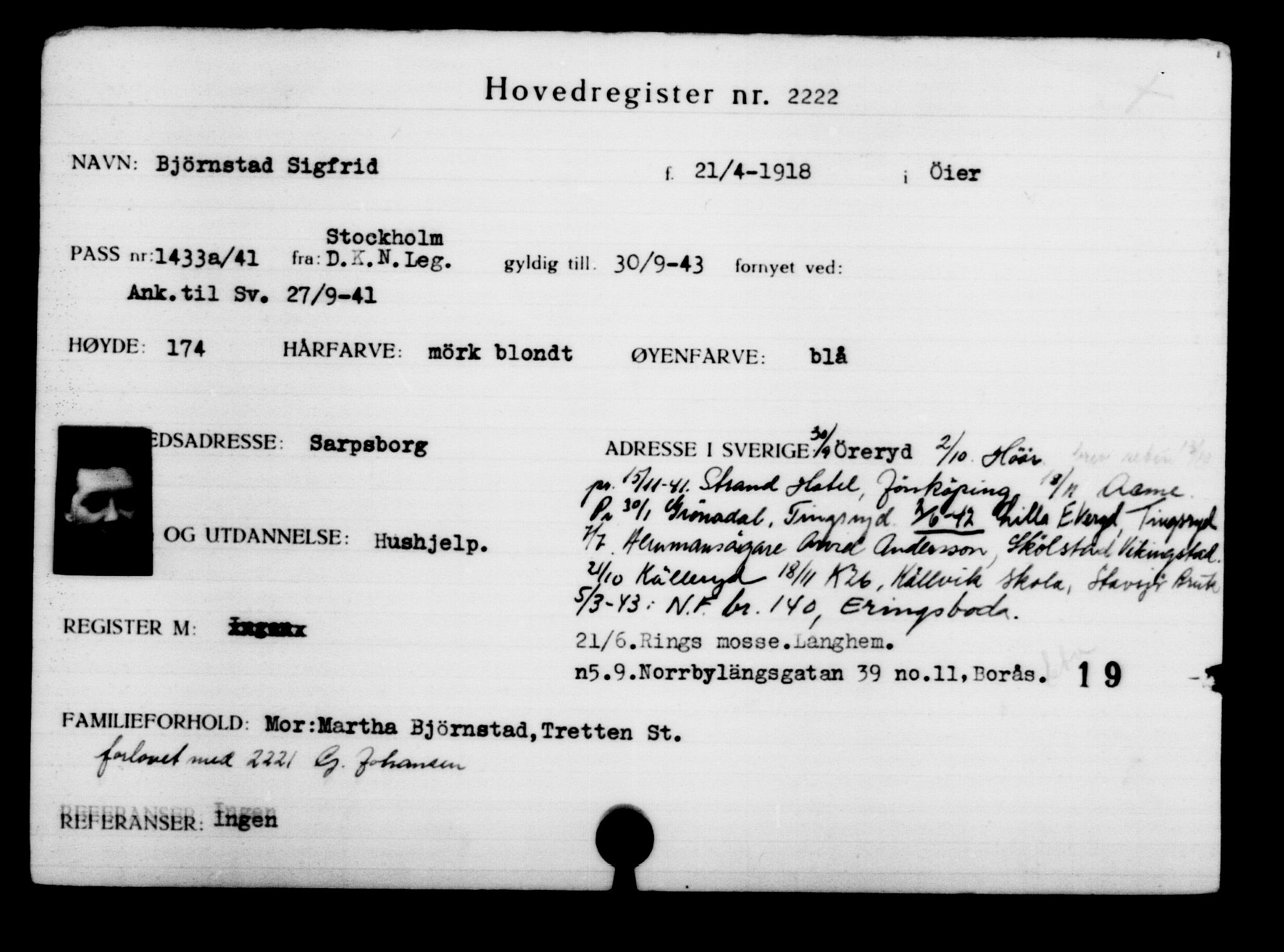 Utenriksstasjonene, Legasjonen i Stockholm, Flyktningkontoret, AV/RA-S-6753/V/Va/L0003: Kjesäterkartoteket, flyktninger med registreringsnr. 2001-3495, 1940-1945, s. 309