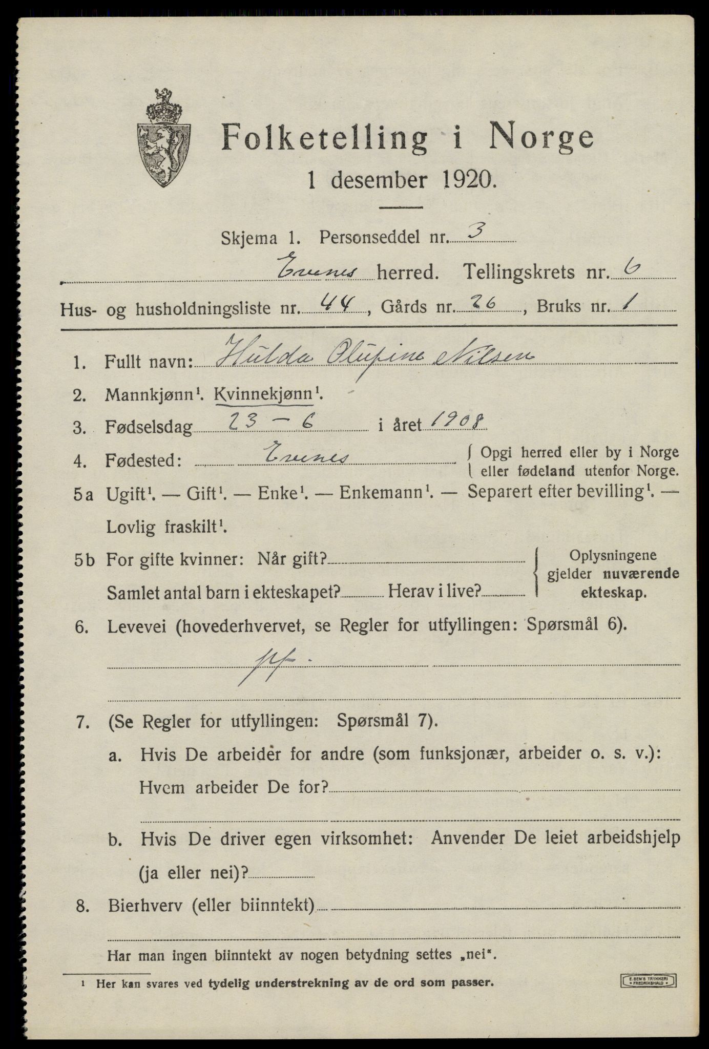 SAT, Folketelling 1920 for 1853 Evenes herred, 1920, s. 6030