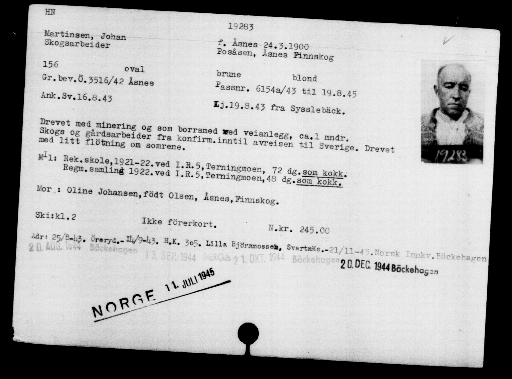 Utenriksstasjonene, Legasjonen i Stockholm, Flyktningkontoret, AV/RA-S-6753/V/Va/L0009: Kjesäterkartoteket, flyktninger med registreringsnr. 18502-22048, 1940-1945, s. 919