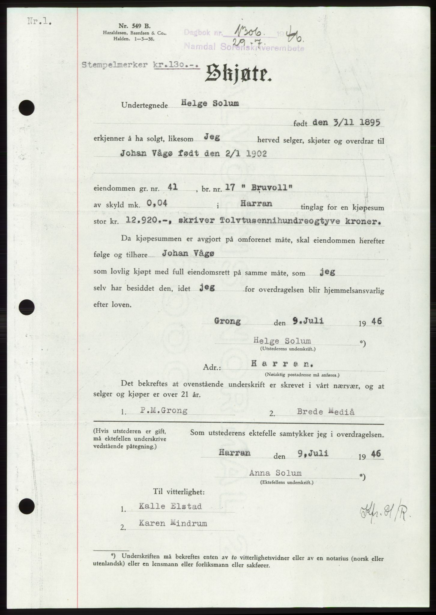 Namdal sorenskriveri, SAT/A-4133/1/2/2C: Pantebok nr. -, 1946-1946, Dagboknr: 1306/1946