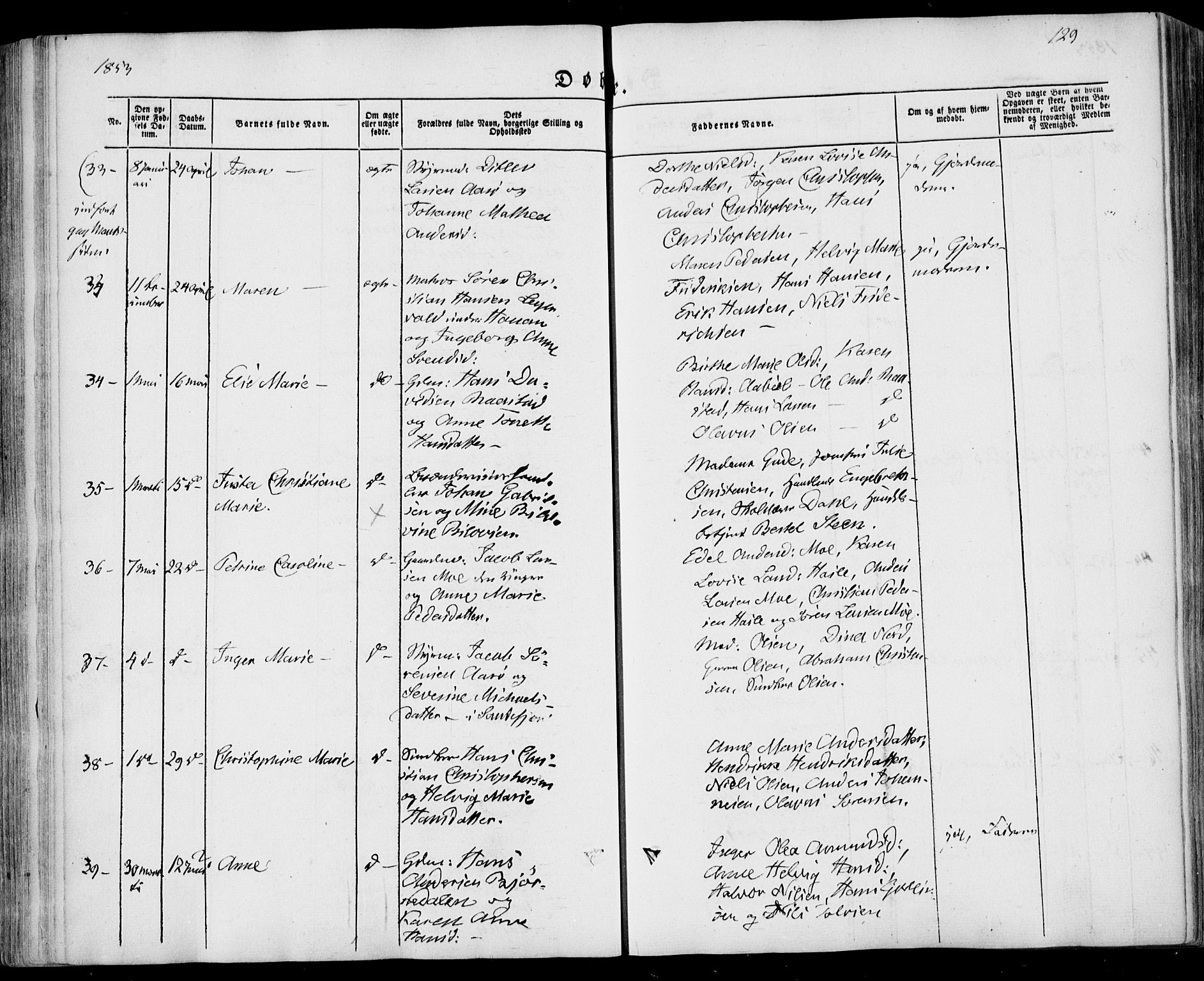 Sandar kirkebøker, AV/SAKO-A-243/F/Fa/L0006: Ministerialbok nr. 6, 1847-1860, s. 129