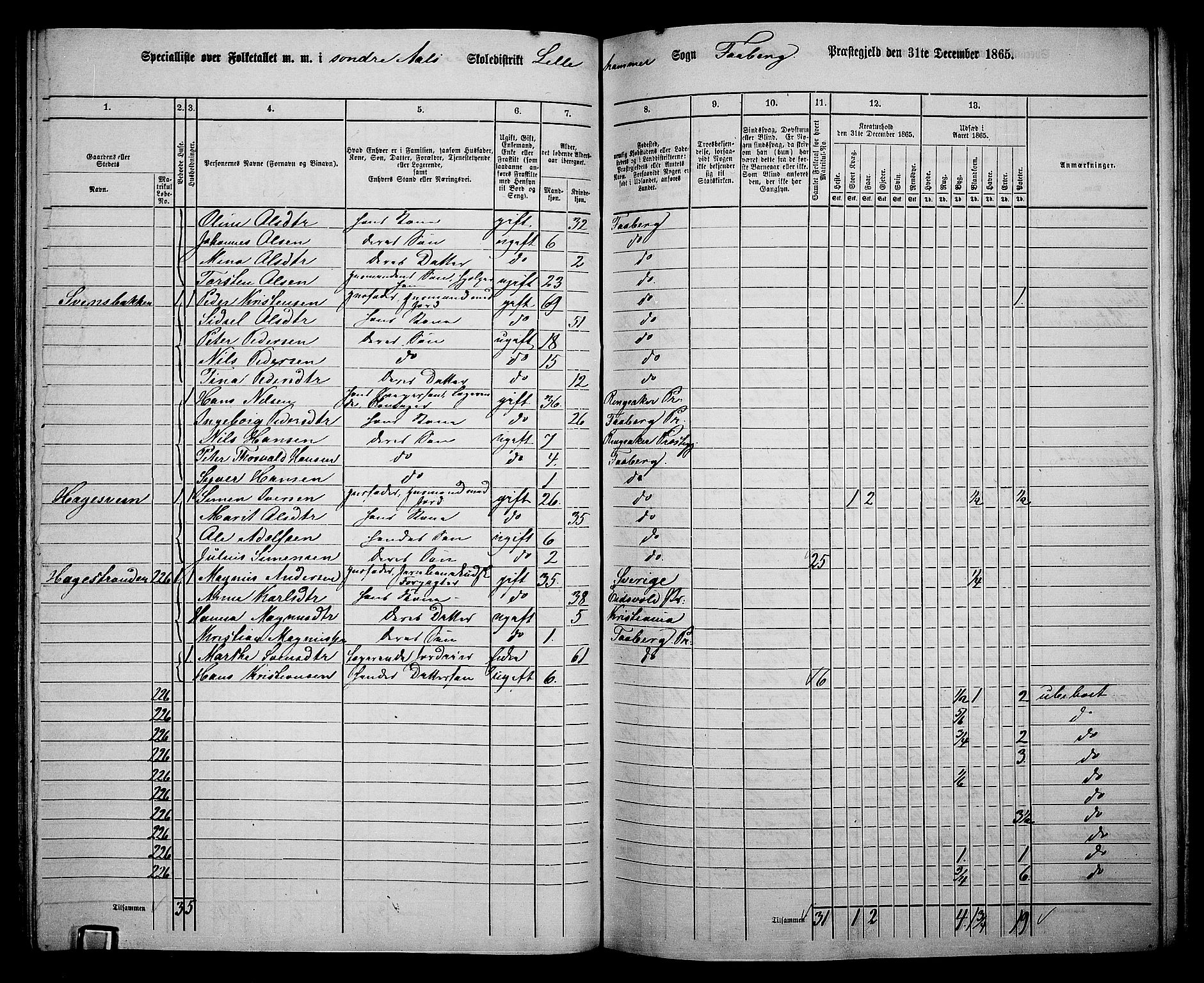 RA, Folketelling 1865 for 0524L Fåberg prestegjeld, Fåberg sokn og Lillehammer landsokn, 1865, s. 141