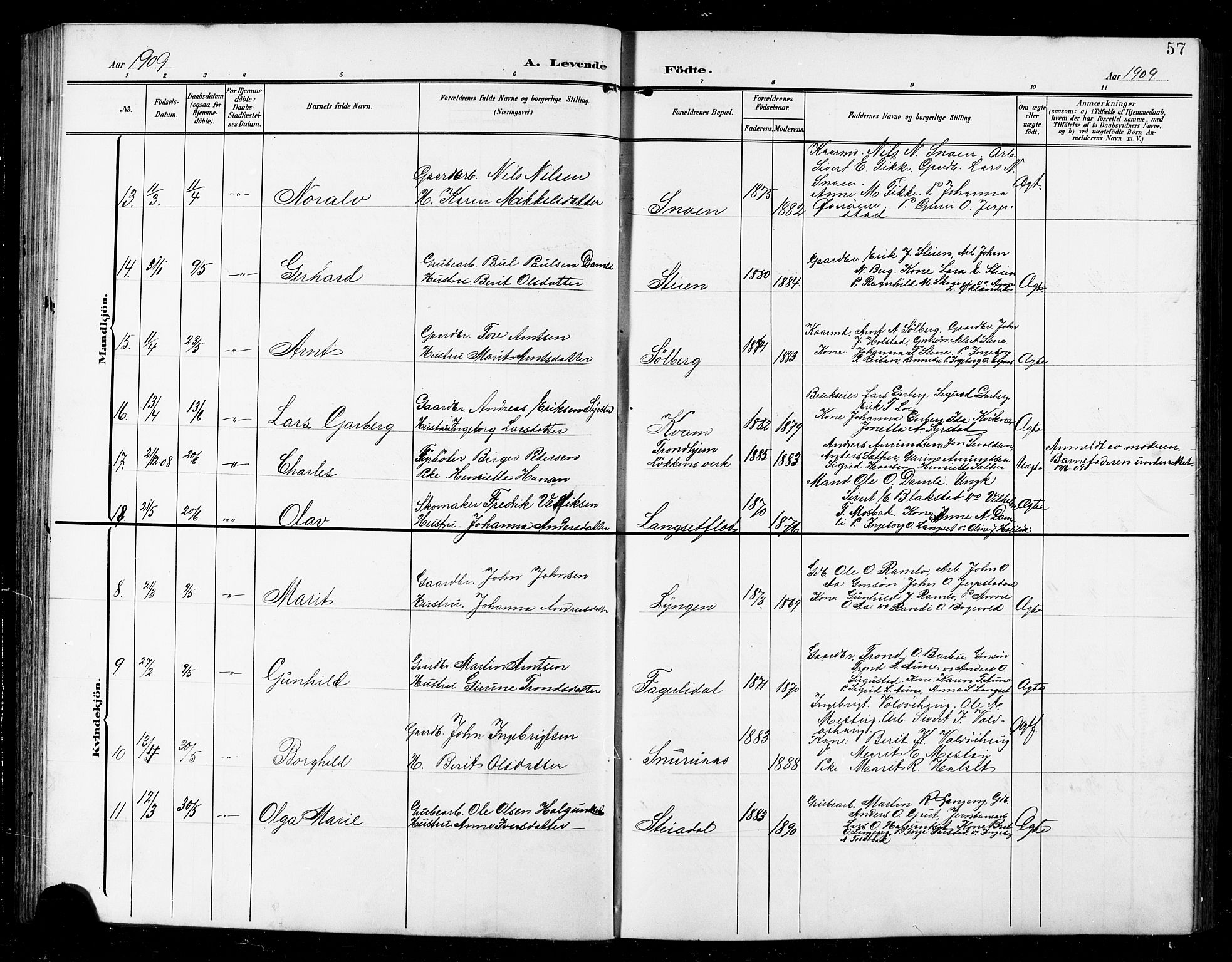 Ministerialprotokoller, klokkerbøker og fødselsregistre - Sør-Trøndelag, AV/SAT-A-1456/672/L0864: Klokkerbok nr. 672C03, 1902-1914, s. 57