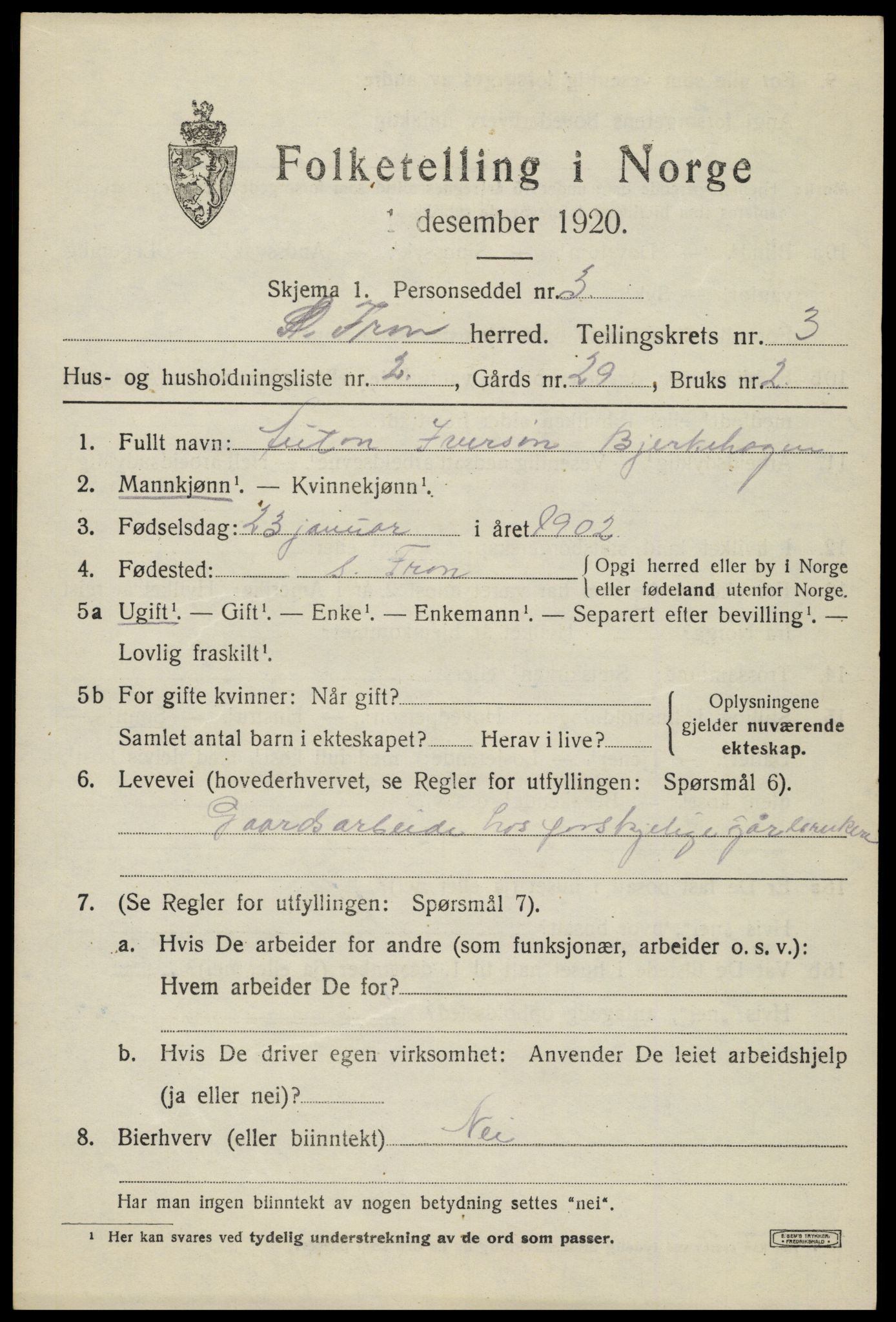 SAH, Folketelling 1920 for 0519 Sør-Fron herred, 1920, s. 3495