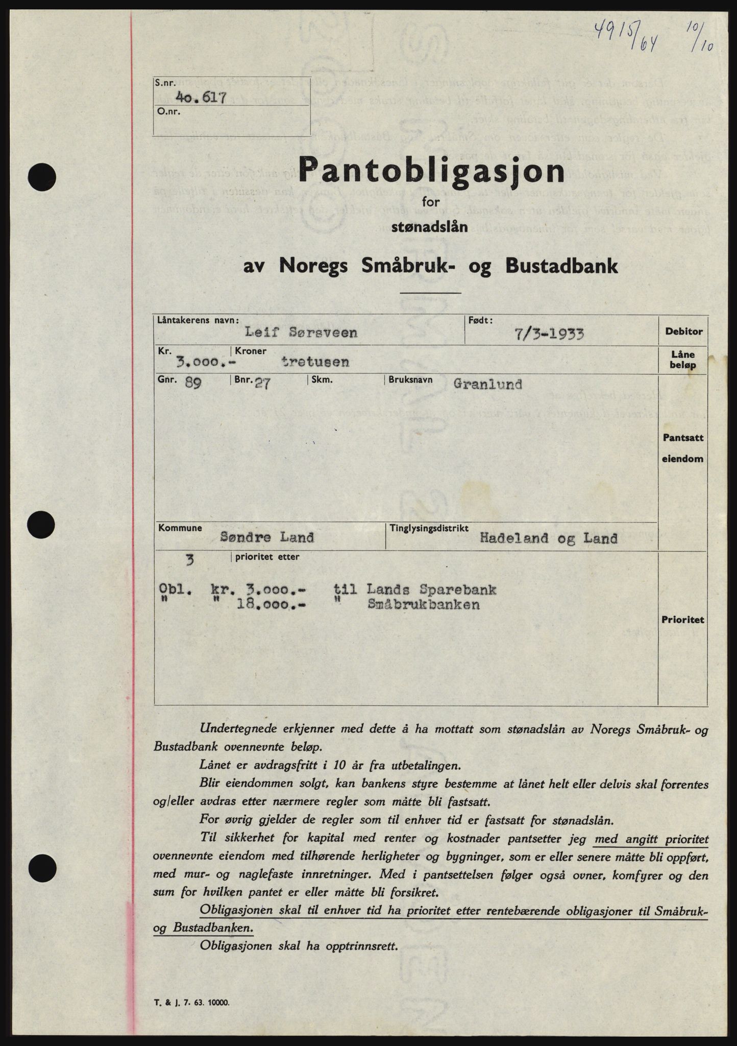 Hadeland og Land tingrett, SAH/TING-010/H/Hb/Hbc/L0056: Pantebok nr. B56, 1964-1964, Dagboknr: 4915/1964